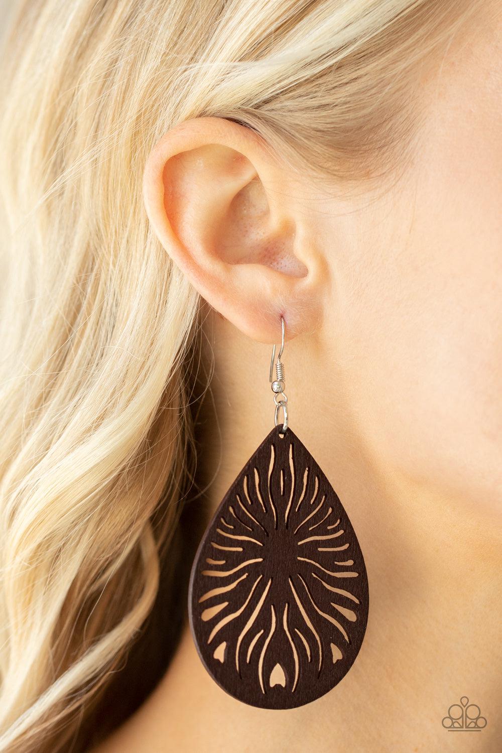 Sunny Incantations Brown Wood Earrings - Paparazzi Accessories-on model - CarasShop.com - $5 Jewelry by Cara Jewels