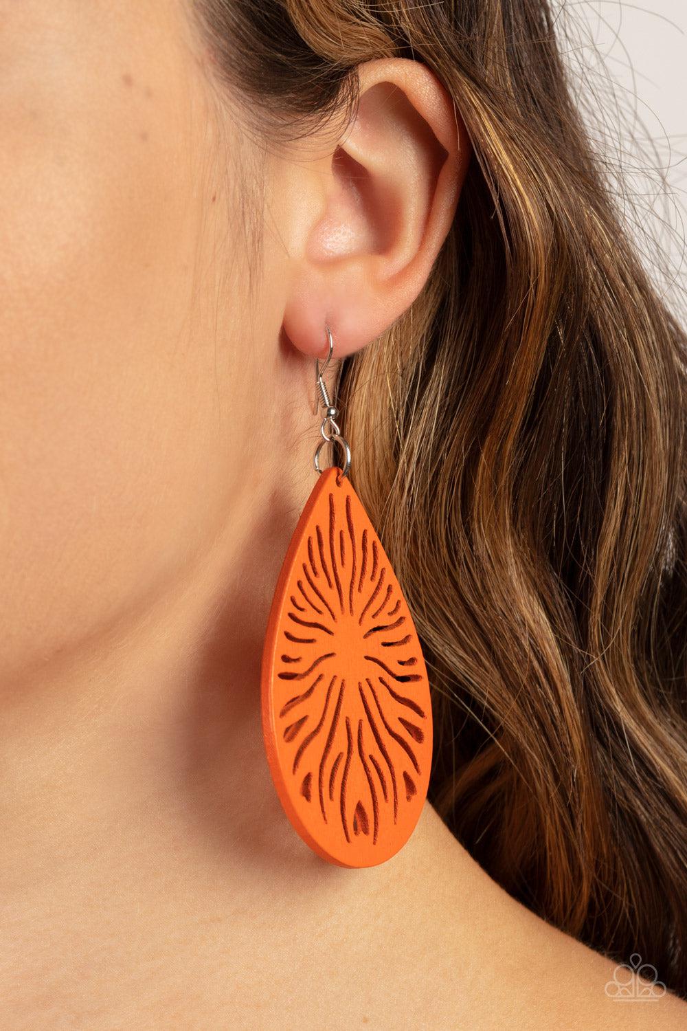 Sunny Incantations Orange Wood Earrings - Paparazzi Accessories-on model - CarasShop.com - $5 Jewelry by Cara Jewels