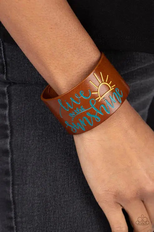 Sunshine Season Blue Leather Urban Bracelet - Paparazzi Accessories-on model - CarasShop.com - $5 Jewelry by Cara Jewels