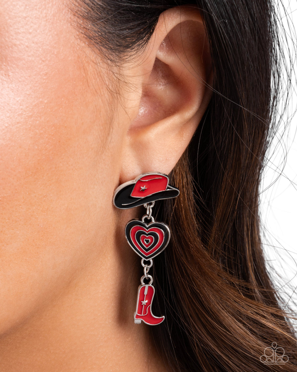 Swing Dance Delight Multi Red &amp; Black Cowboy Heart Earrings - Paparazzi Accessories-on model - CarasShop.com - $5 Jewelry by Cara Jewels