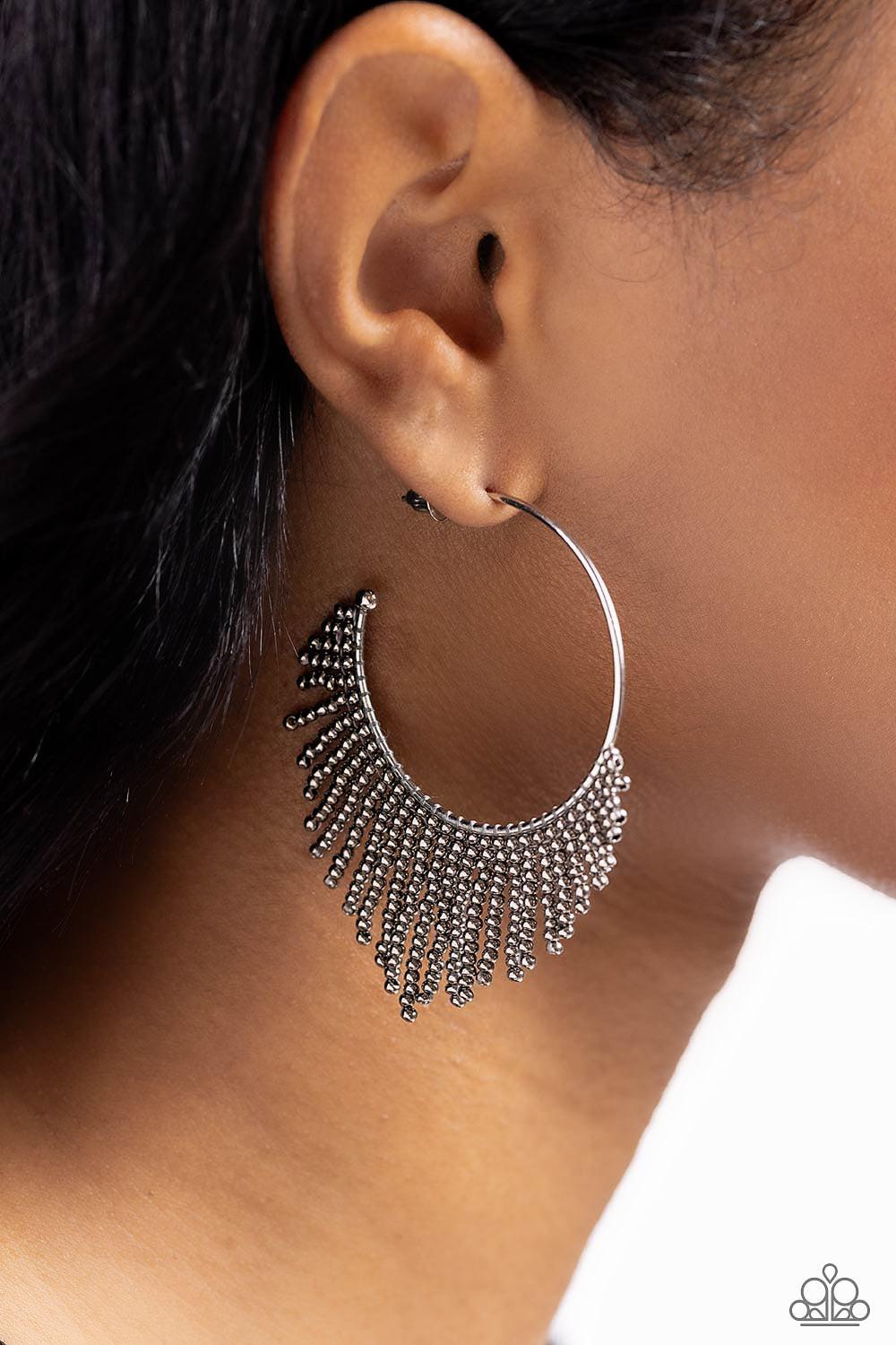 Tailored Tassel Silver Hoop Earrings - Paparazzi Accessories-on model - CarasShop.com - $5 Jewelry by Cara Jewels