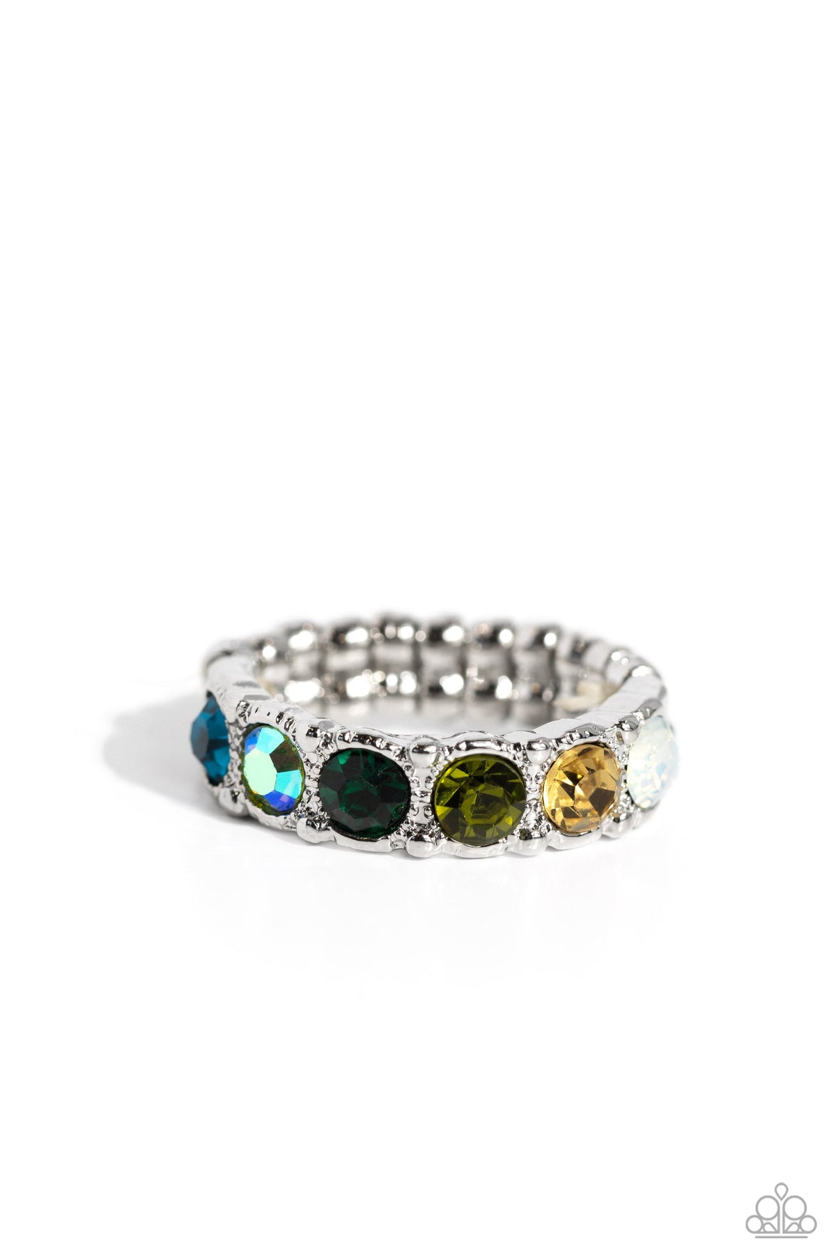Taming Twilight Green &amp; Multi Rhinestone Ring - Paparazzi Accessories- lightbox - CarasShop.com - $5 Jewelry by Cara Jewels
