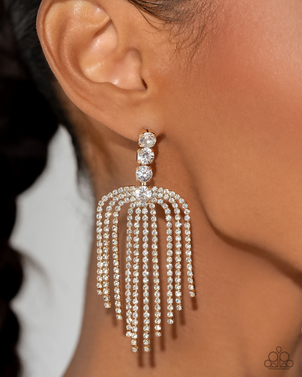 Tapered Twilight Gold &amp; White Rhinestone Earrings - Paparazzi Accessories-on model - CarasShop.com - $5 Jewelry by Cara Jewels