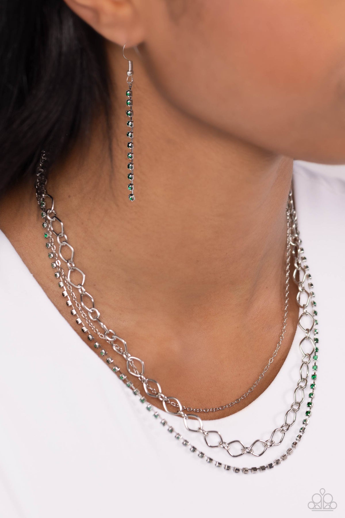 Tasteful Tiers Green Rhinestone Necklace - Paparazzi Accessories-on model - CarasShop.com - $5 Jewelry by Cara Jewels