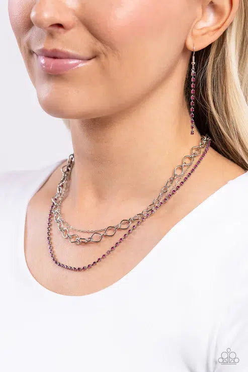 Tasteful Tiers Pink Rhinestone Necklace - Paparazzi Accessories-on model - CarasShop.com - $5 Jewelry by Cara Jewels