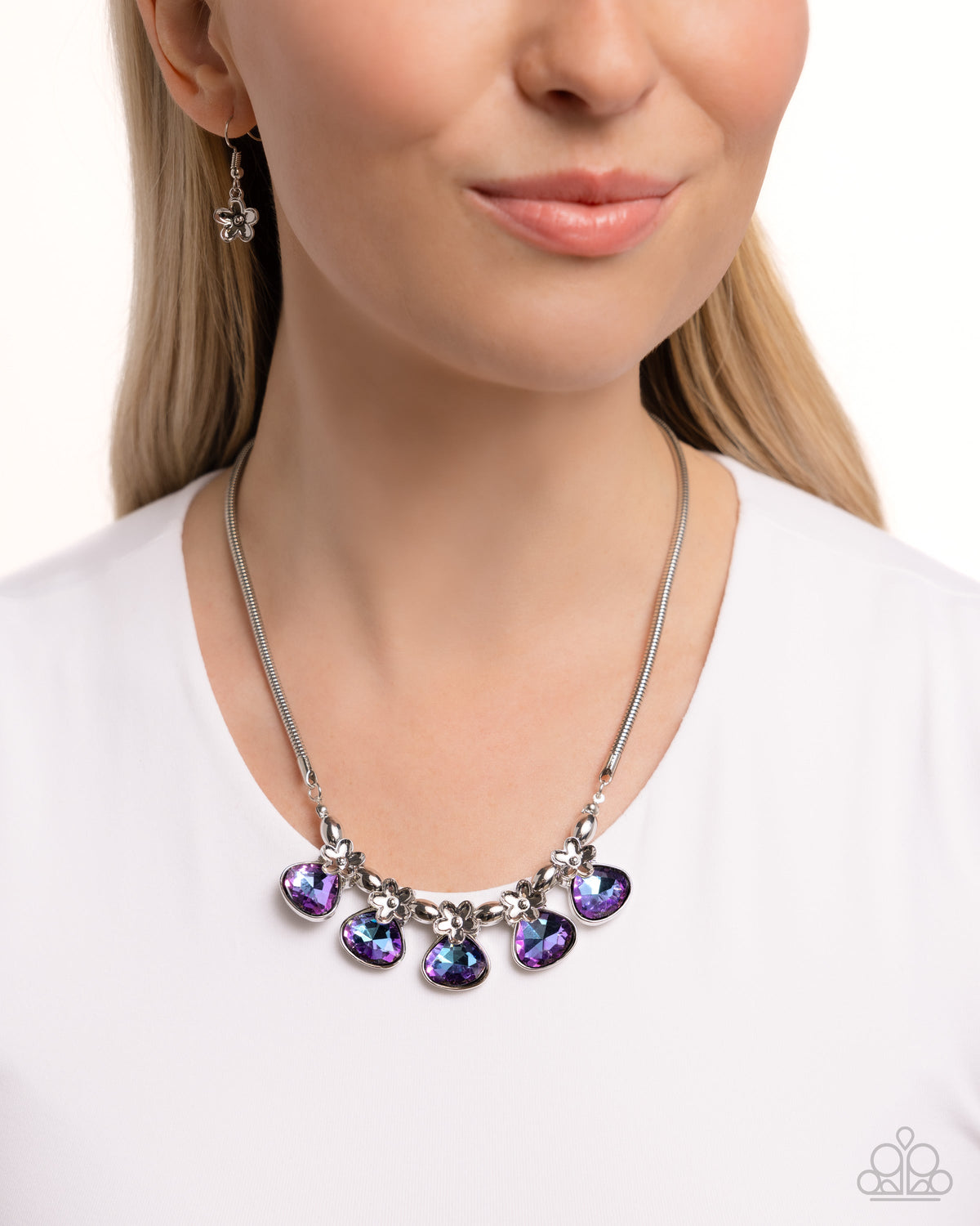 Teardrop Tribute Purple Rhinestone Necklace - Paparazzi Accessories-on model - CarasShop.com - $5 Jewelry by Cara Jewels