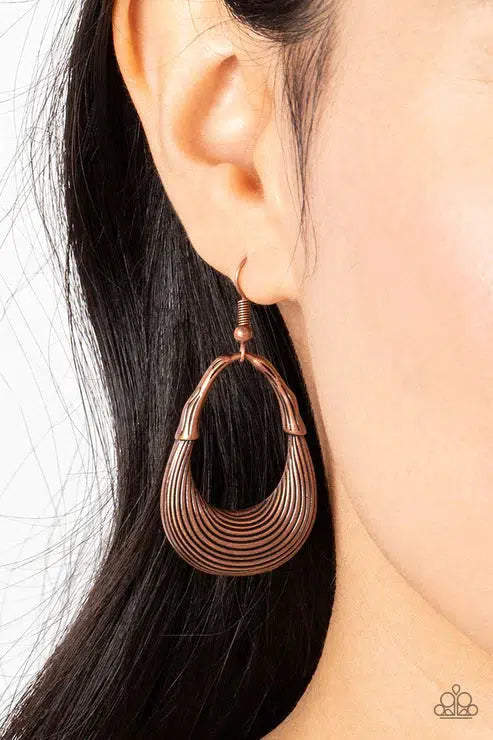 Terra Timber Copper Earrings - Paparazzi Accessories- on model - CarasShop.com - $5 Jewelry by Cara Jewels