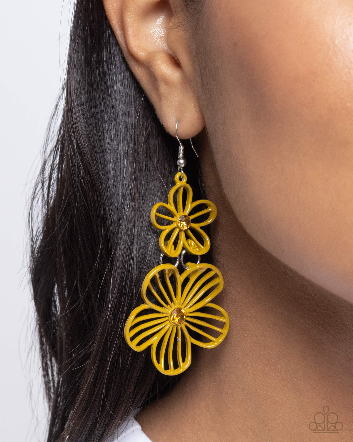 Textured Tiers Yellow Flower Earrings - Paparazzi Accessories-on model - CarasShop.com - $5 Jewelry by Cara Jewels