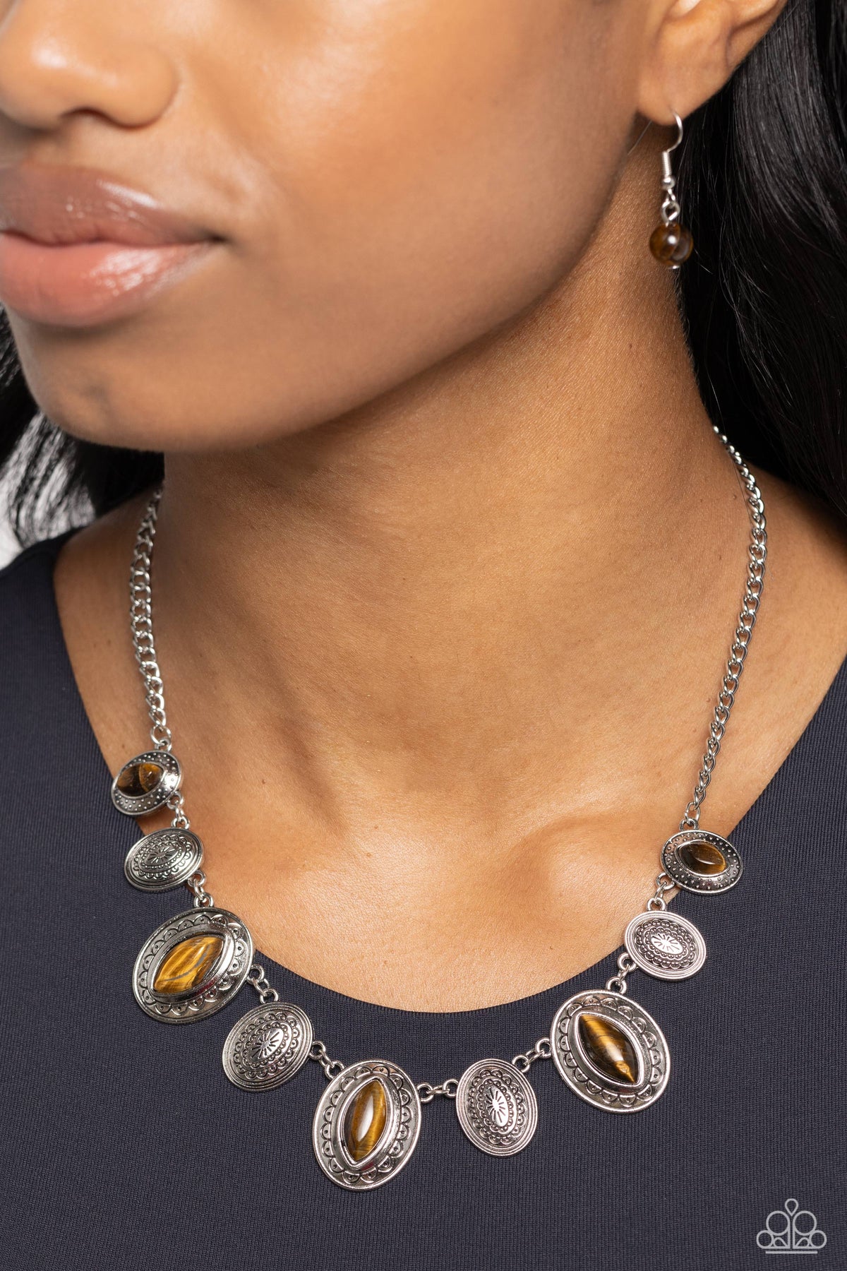 Textured Trailblazer Brown Tiger&#39;s Eye Stone Necklace - Paparazzi Accessories-on model - CarasShop.com - $5 Jewelry by Cara Jewels