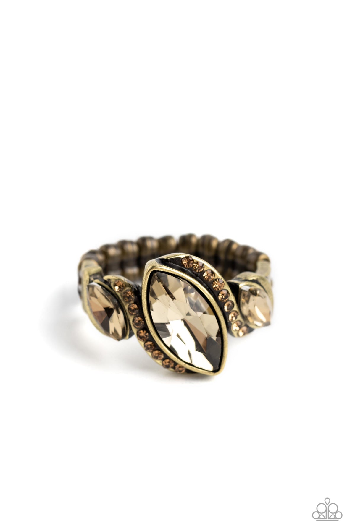 Tilted Triplets Brass Rhinestone Ring - Paparazzi Accessories- lightbox - CarasShop.com - $5 Jewelry by Cara Jewels