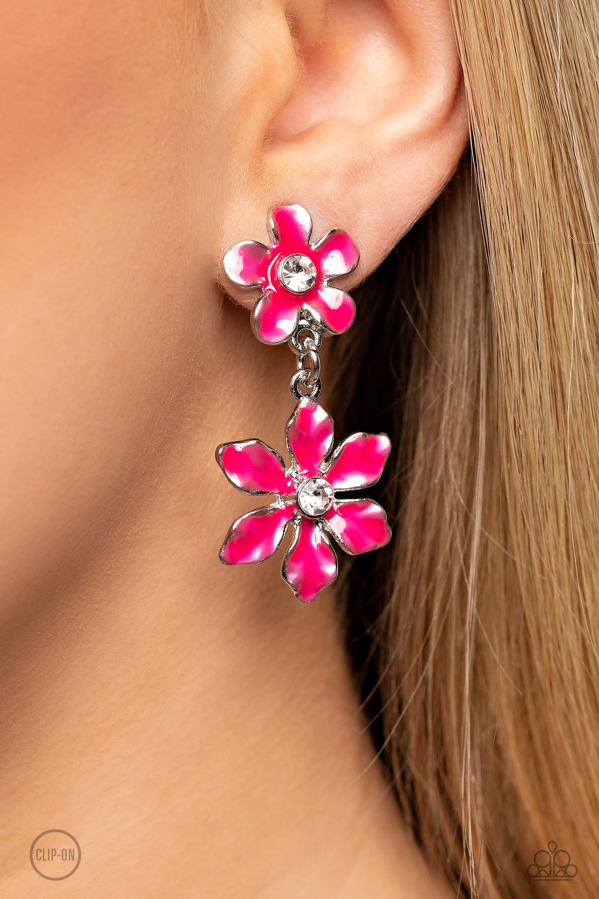Transparent Talent Pink Flower Clip On Earrings - Paparazzi Accessories-on model - CarasShop.com - $5 Jewelry by Cara Jewels