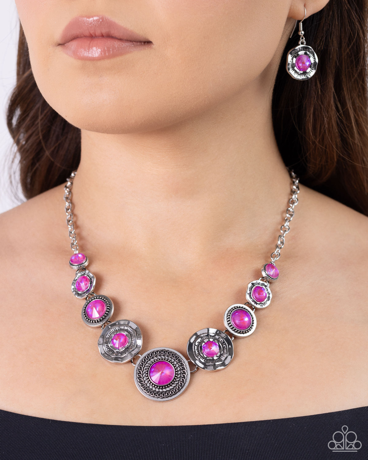 Treasure Chest Couture Pink UV Shimmer Rhinestone Necklace - Paparazzi Accessories-on model - CarasShop.com - $5 Jewelry by Cara Jewels