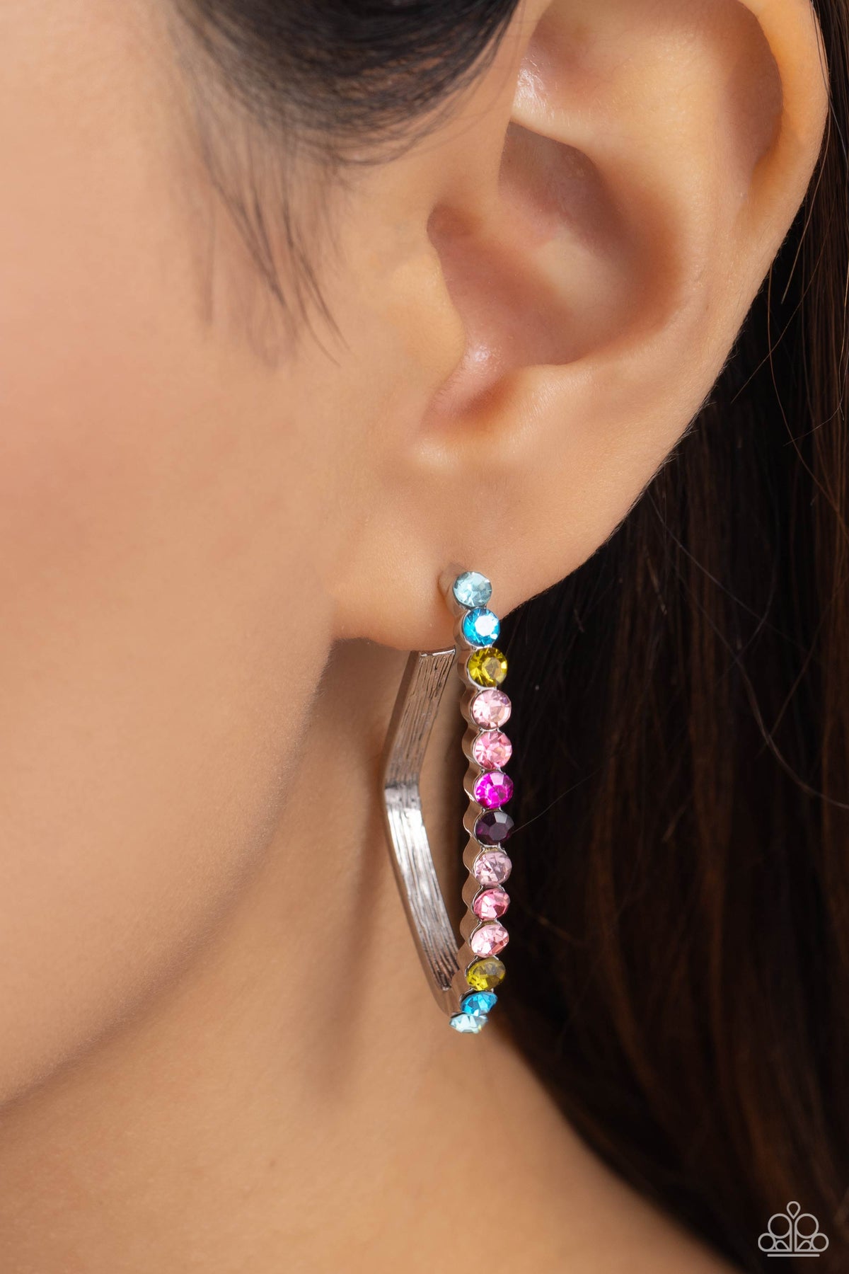 Triangular Tapestry Multi Rhinestone Hoop Earrings - Paparazzi Accessories-on model - CarasShop.com - $5 Jewelry by Cara Jewels