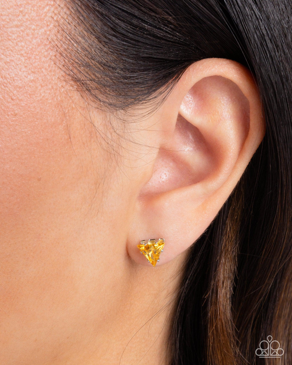 Triangular Twinkle Yellow Rhinestone Earrings - Paparazzi Accessories-on model - CarasShop.com - $5 Jewelry by Cara Jewels