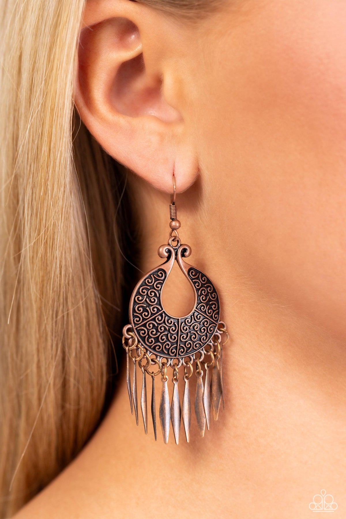 Tribal Charm Copper Earrings - Paparazzi Accessories-on model - CarasShop.com - $5 Jewelry by Cara Jewels