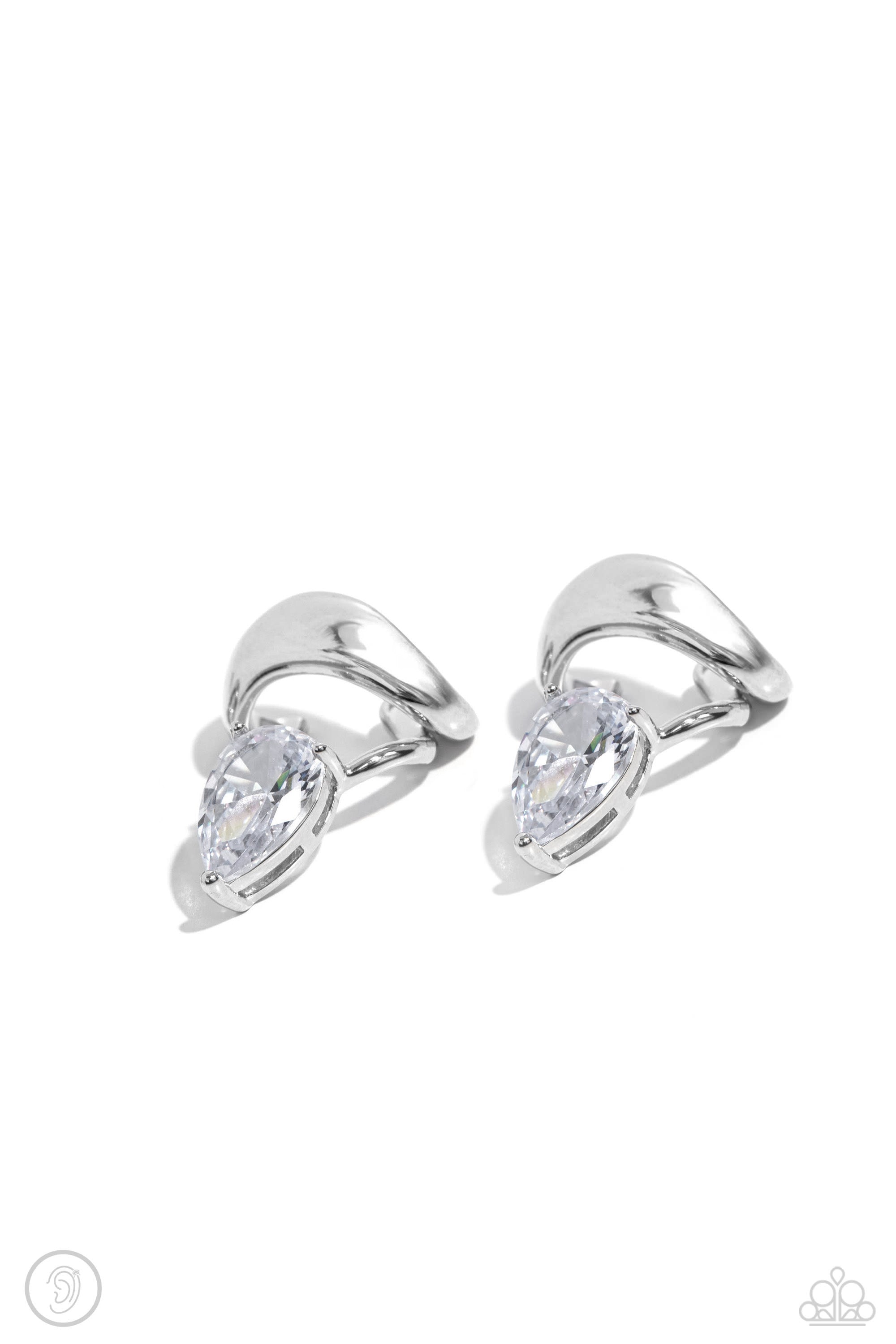 Twisting Teardrop White Rhinestone Cuff Earrings - Paparazzi Accessories- lightbox - CarasShop.com - $5 Jewelry by Cara Jewels