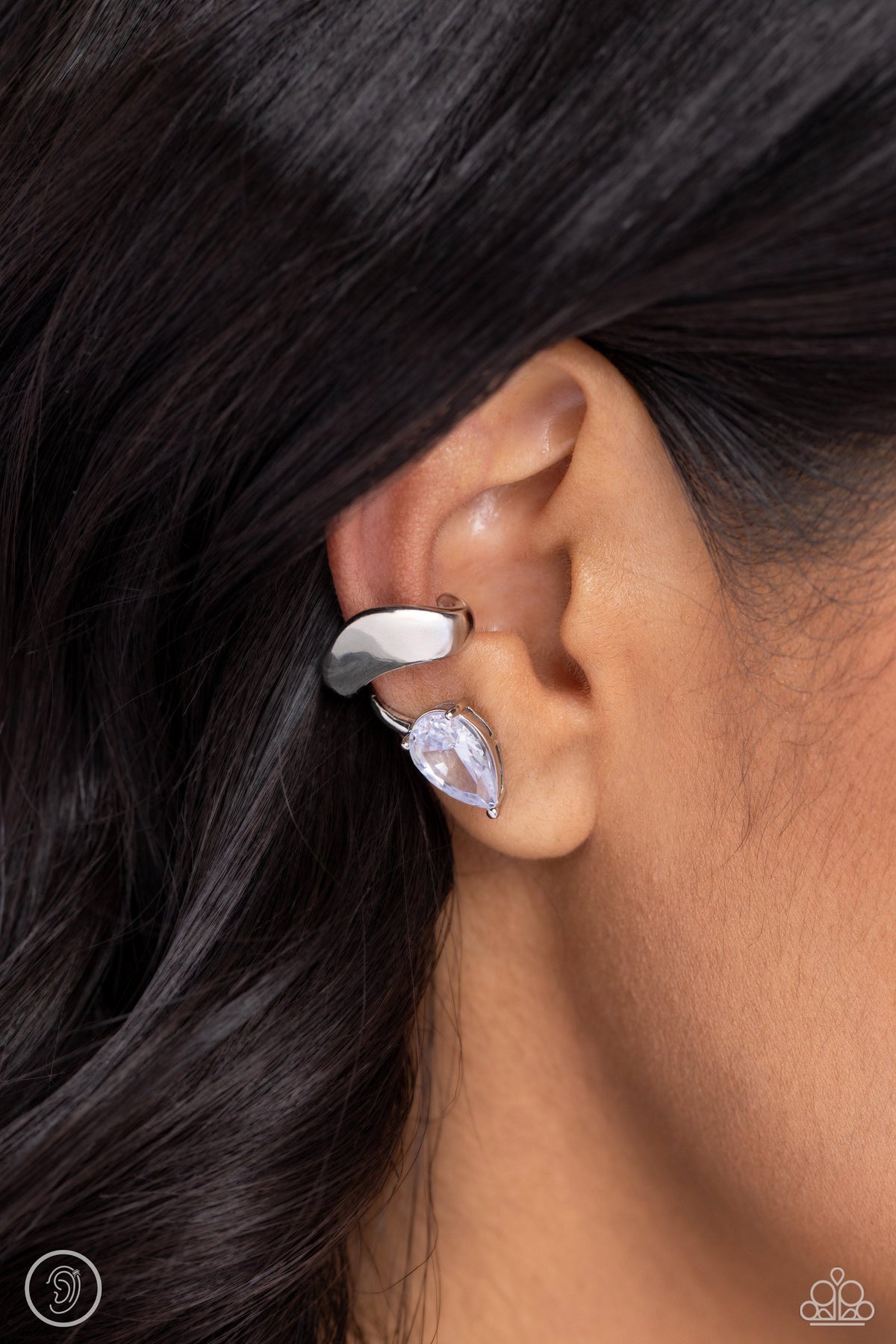 Twisting Teardrop White Rhinestone Cuff Earrings - Paparazzi Accessories-on model - CarasShop.com - $5 Jewelry by Cara Jewels