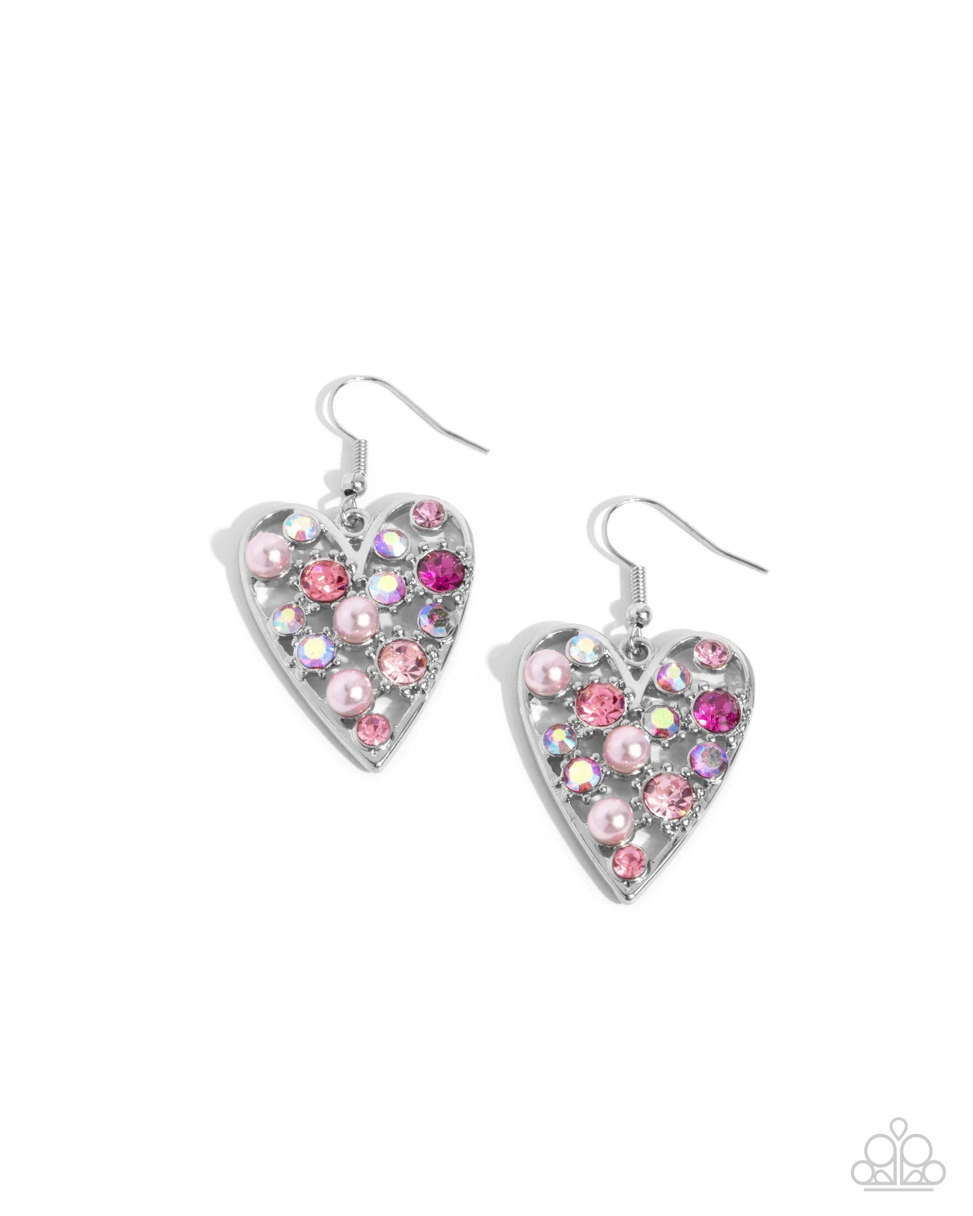 Unbelievable Shimmer Pink Rhinestone Heart Earrings - Paparazzi Accessories- lightbox - CarasShop.com - $5 Jewelry by Cara Jewels