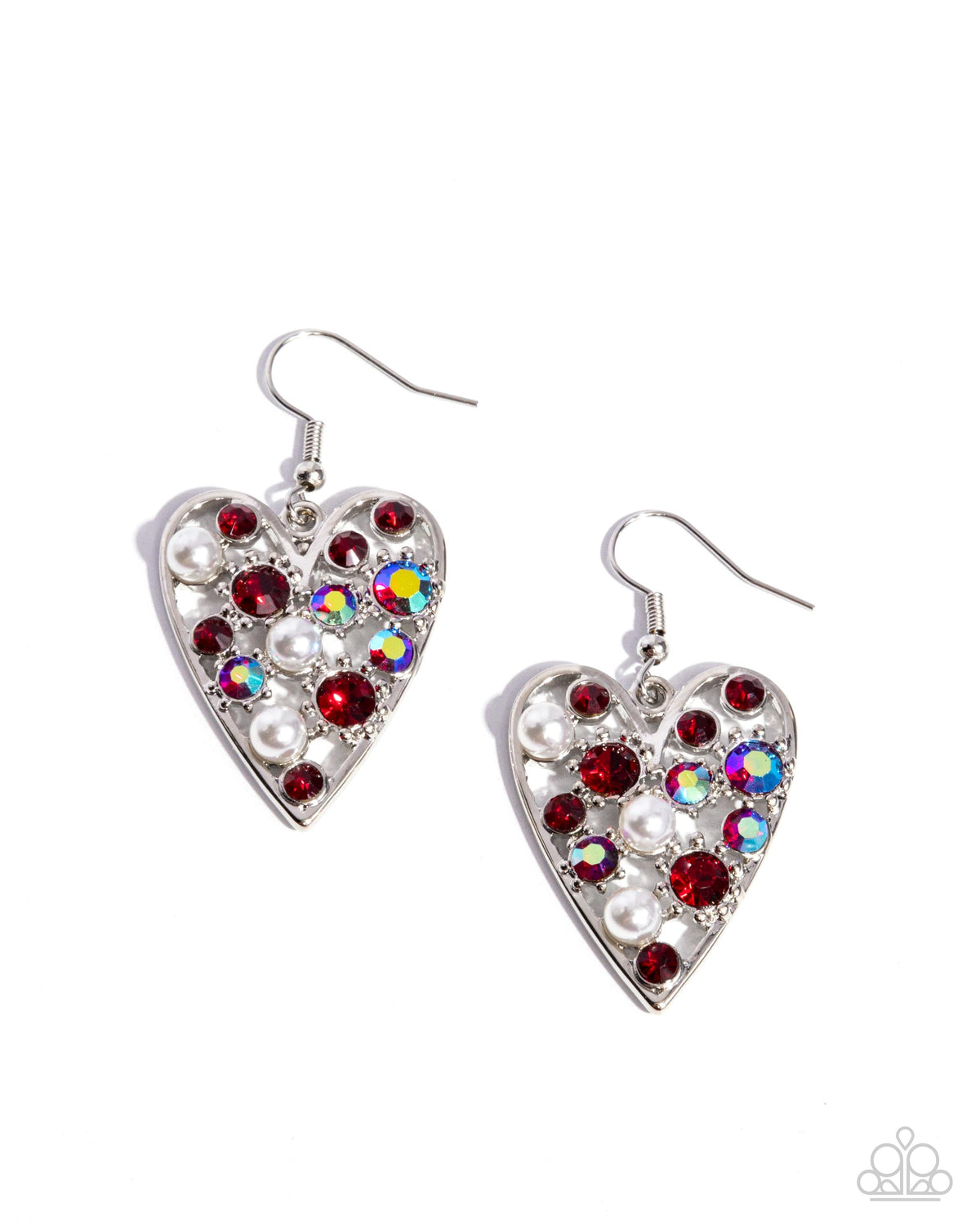 Unbelievable Shimmer Red Rhinestone Heart Earrings - Paparazzi Accessories- lightbox - CarasShop.com - $5 Jewelry by Cara Jewels