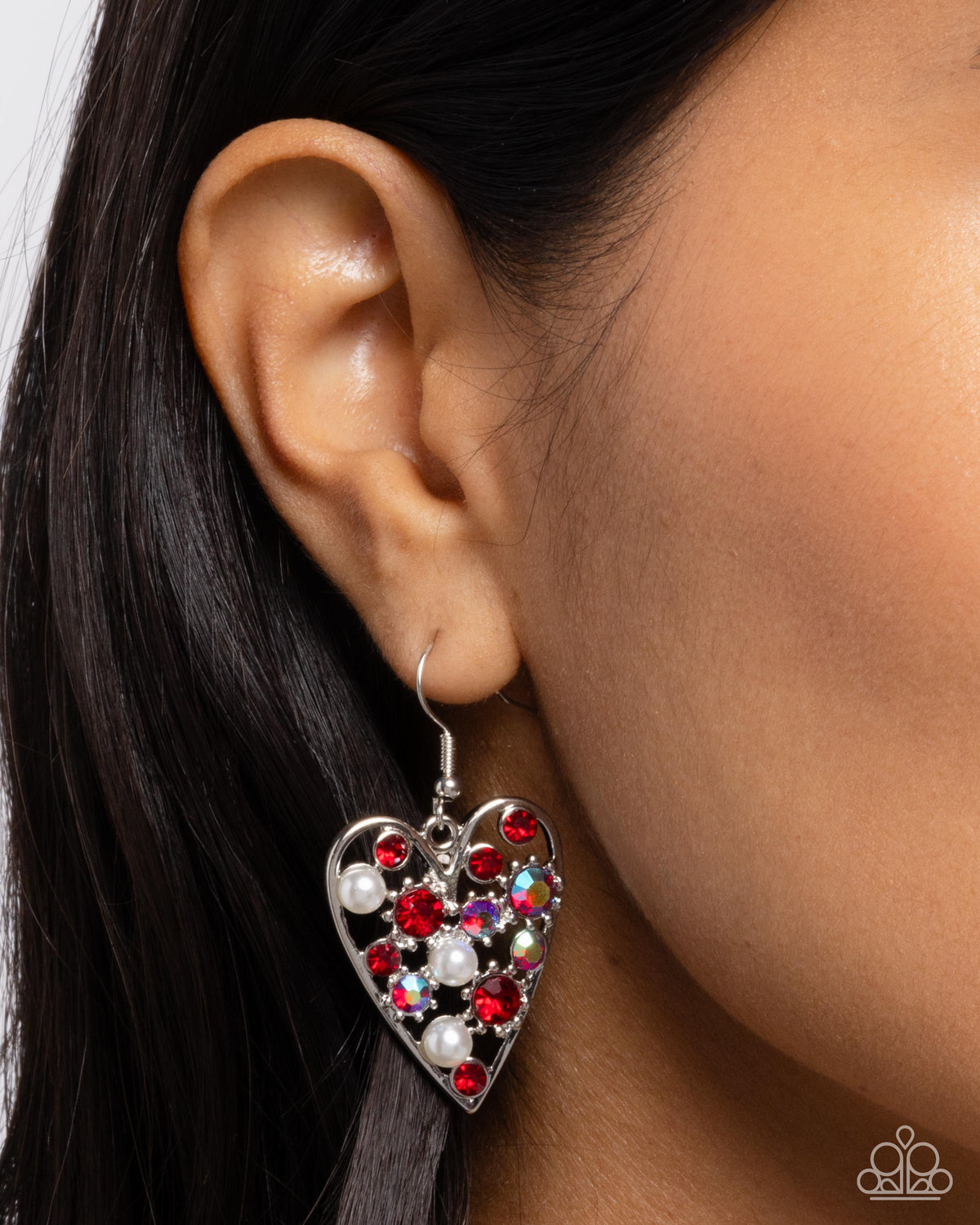 Unbelievable Shimmer Red Rhinestone Heart Earrings - Paparazzi Accessories-on model - CarasShop.com - $5 Jewelry by Cara Jewels