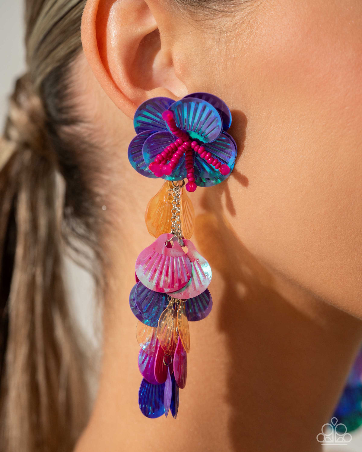 Under the Waves Purple Sequin Earrings - Paparazzi Accessories-on model - CarasShop.com - $5 Jewelry by Cara Jewels