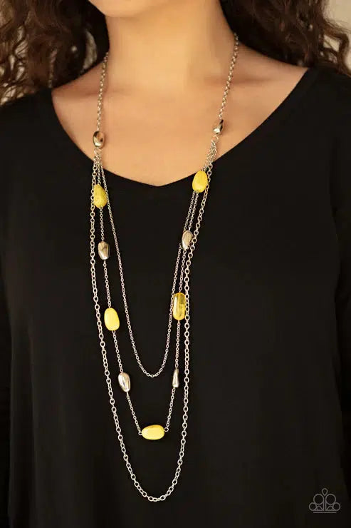 Vacay Mode Yellow Necklace - Paparazzi Accessories- on model - CarasShop.com - $5 Jewelry by Cara Jewels