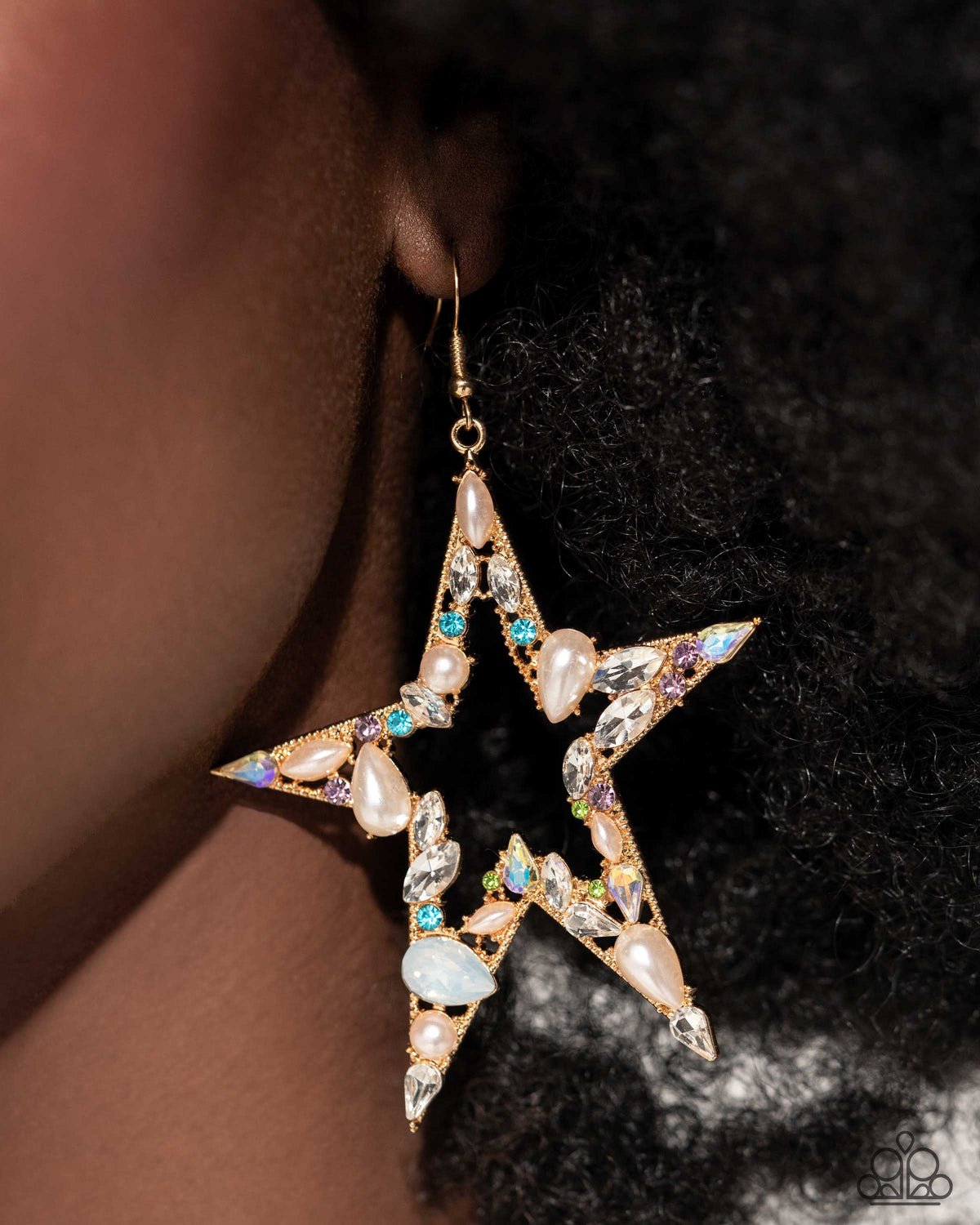 Variegated Value Multi Rhinestone and Pearl Star Earrings - Paparazzi Accessories-on model - CarasShop.com - $5 Jewelry by Cara Jewels