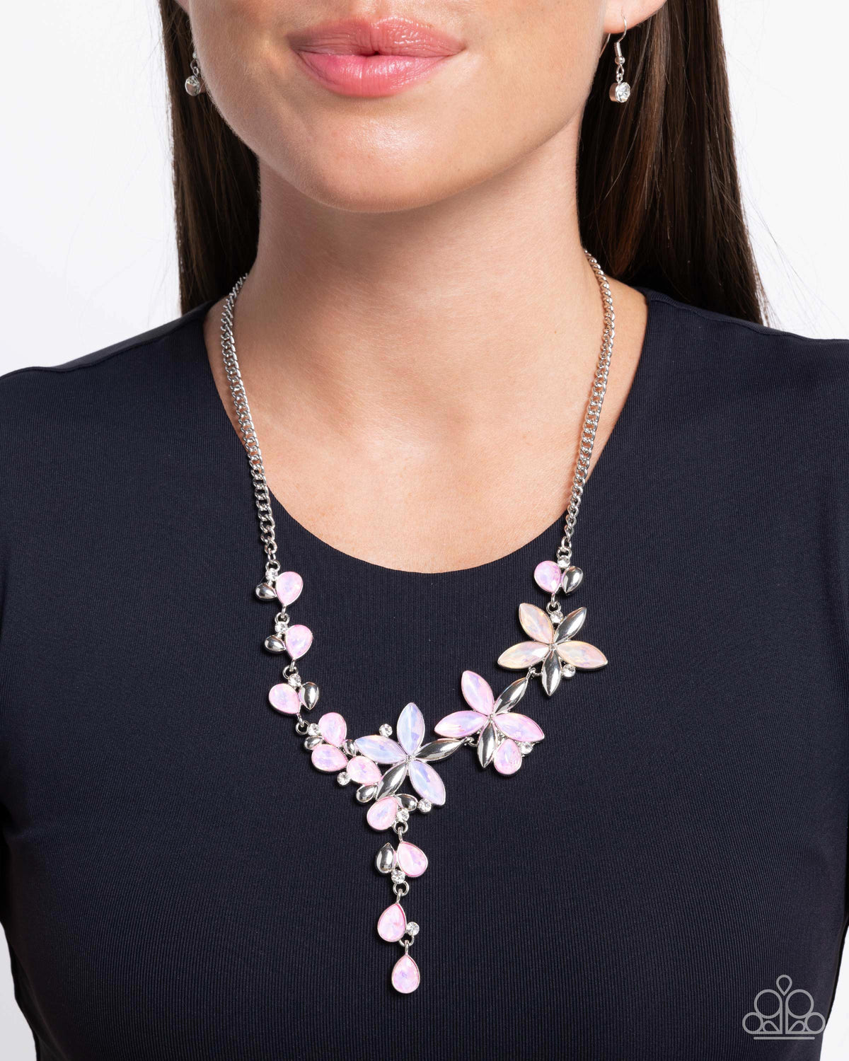 Vibrant Valley Pink, Purple &amp; Peach Opalescent Rhinestone Floral Necklace - Paparazzi Accessories-on model - CarasShop.com - $5 Jewelry by Cara Jewels