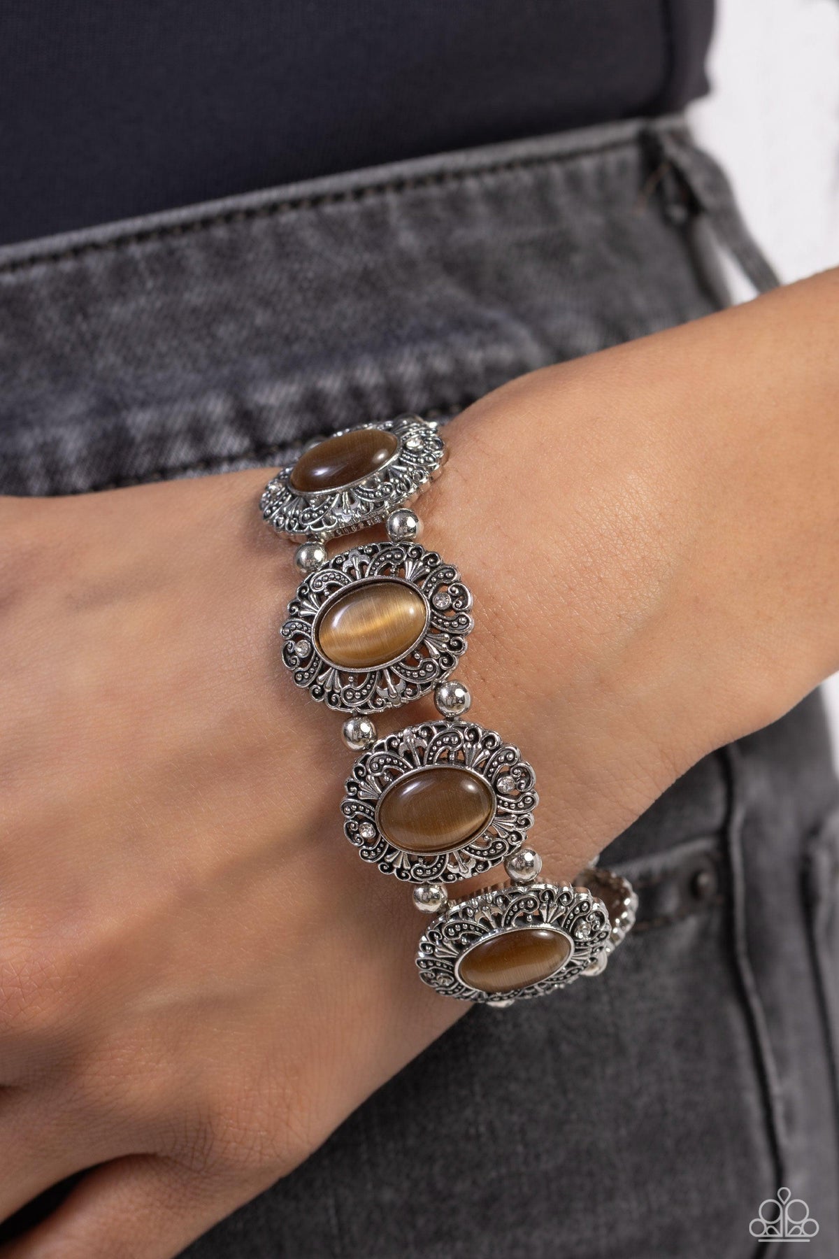 Vintage Vault Brown Cat&#39;s Eye Stone Bracelet - Paparazzi Accessories-on model - CarasShop.com - $5 Jewelry by Cara Jewels
