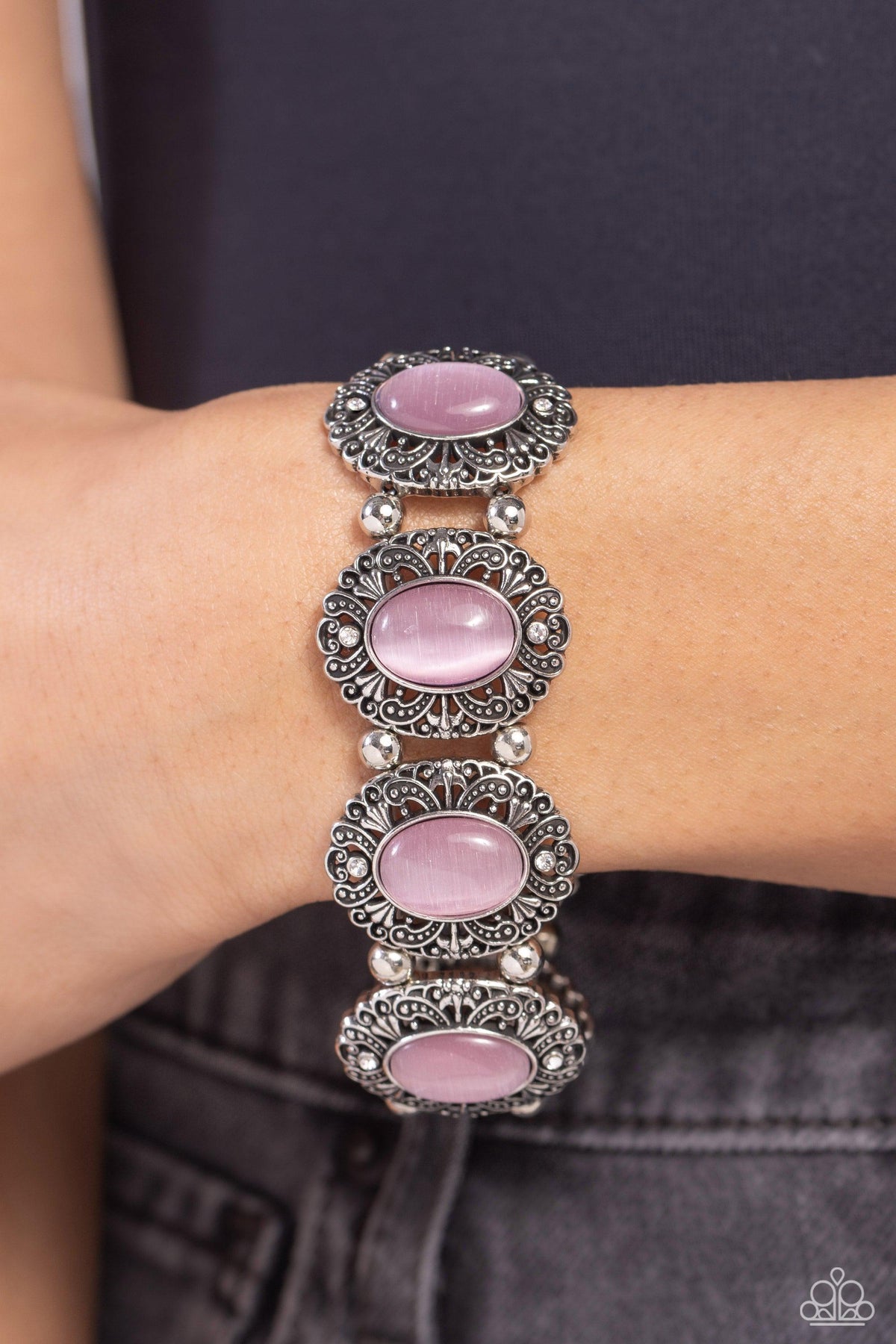 Vintage Vault Pink Cat&#39;s Eye Stone Bracelet - Paparazzi Accessories-on model - CarasShop.com - $5 Jewelry by Cara Jewels