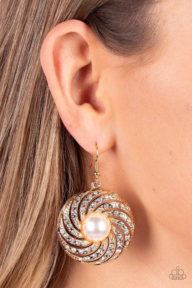 Vintage Vortex Gold Earrings - Paparazzi Accessories-on model - CarasShop.com - $5 Jewelry by Cara Jewels