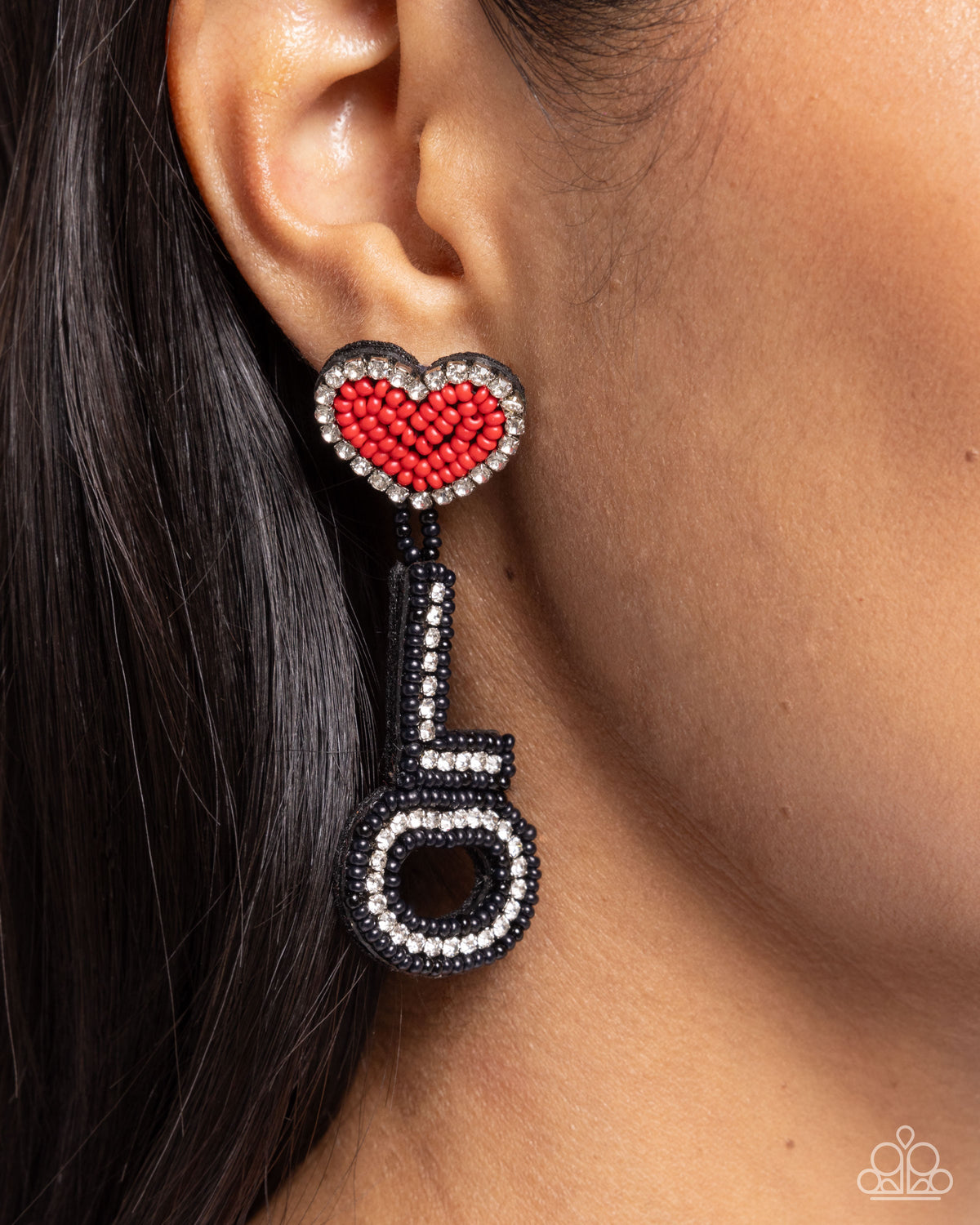 Visible Valentines Black &amp; Red Seed Bead &quot;LOVE&quot; Earrings - Paparazzi Accessories-on model - CarasShop.com - $5 Jewelry by Cara Jewels