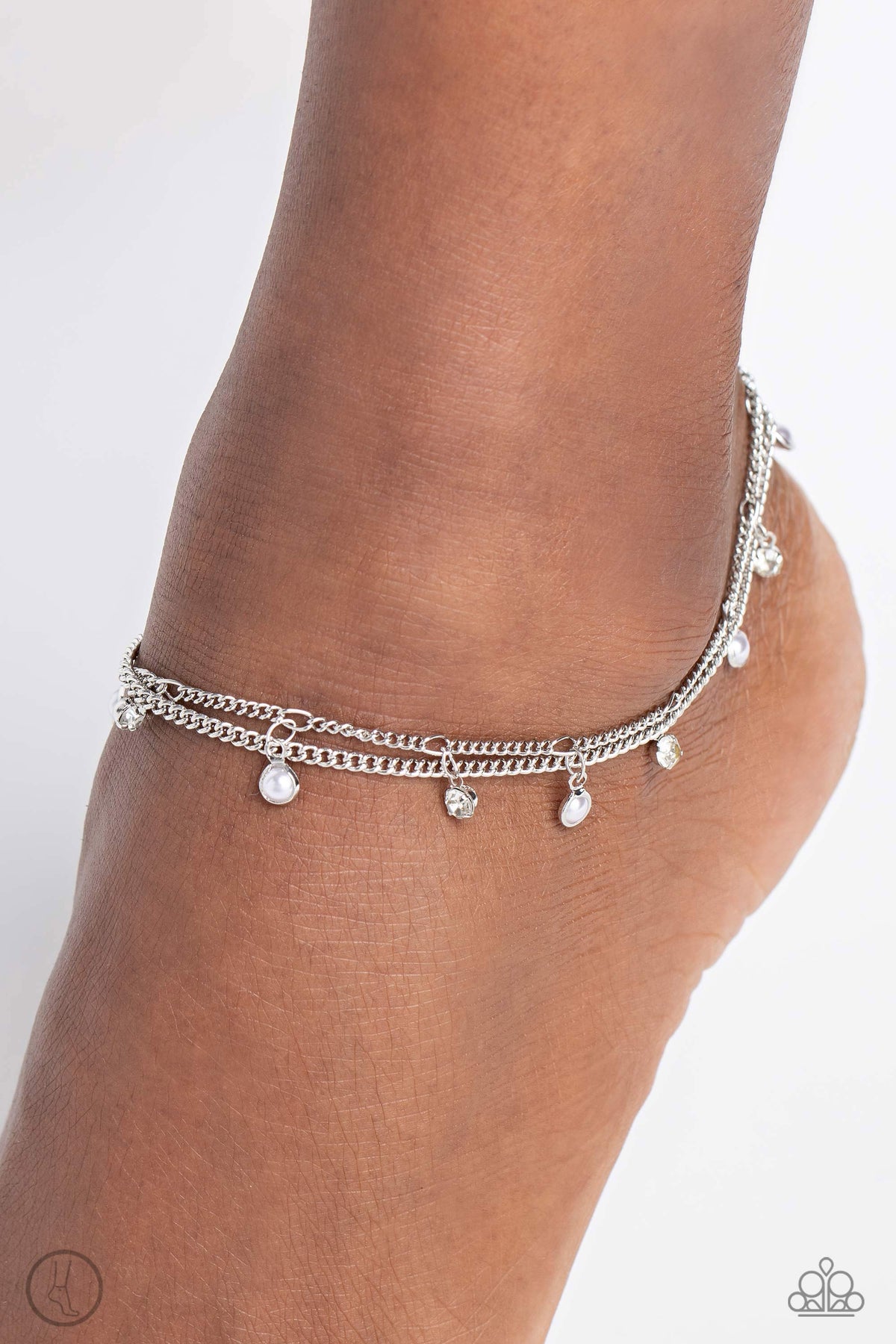 WATER You Waiting For? White Pearl &amp; Rhinestone Anklet - Paparazzi Accessories-on model - CarasShop.com - $5 Jewelry by Cara Jewels