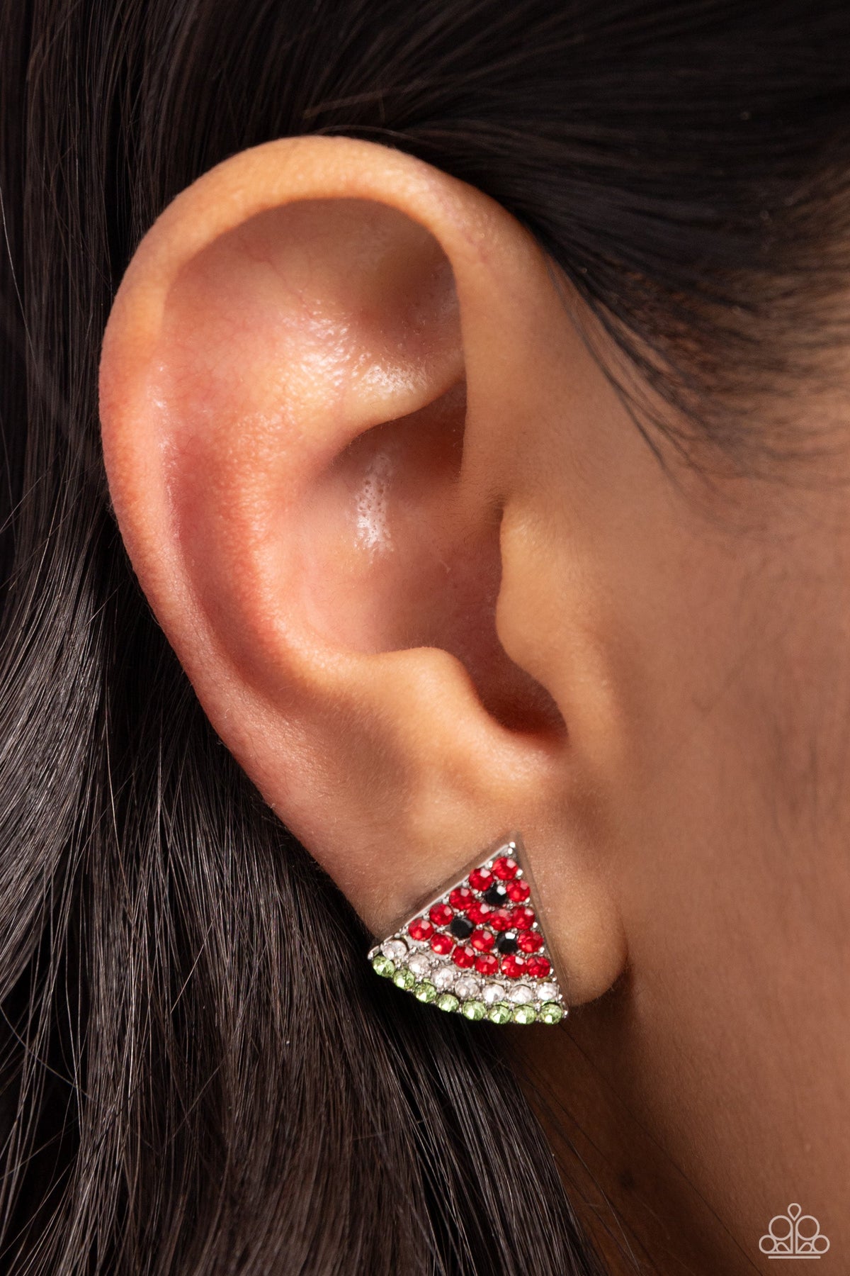 Watermelon Slice Red Rhinestone Earrings - Paparazzi Accessories-on model - CarasShop.com - $5 Jewelry by Cara Jewels