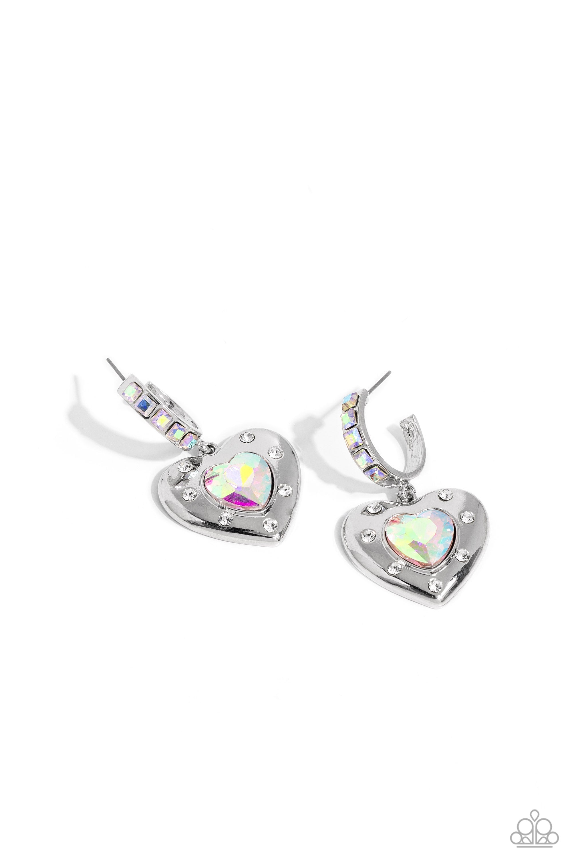 We Are Young White & Iridescent Rhinestone Heart Hoop Earrings - Paparazzi Accessories- lightbox - CarasShop.com - $5 Jewelry by Cara Jewels