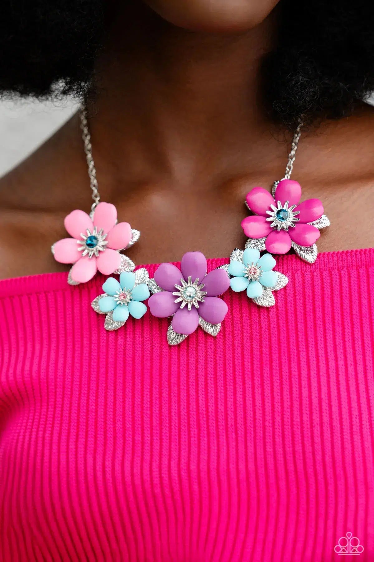 Well-Mannered Whimsy Pink Flower Necklace - Paparazzi Accessories- on model - CarasShop.com - $5 Jewelry by Cara Jewels