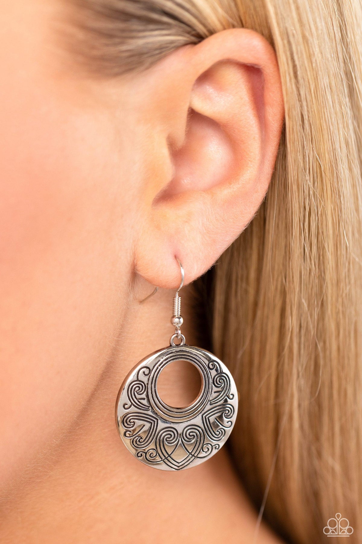 Western Beau Silver Heart Earrings - Paparazzi Accessories-on model - CarasShop.com - $5 Jewelry by Cara Jewels