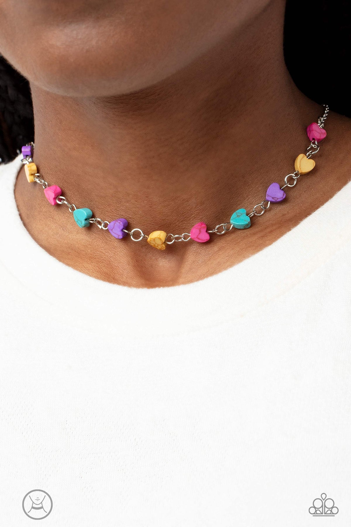 Wild at Heart Pink &amp; Multi Stone Heart Choker Necklace - Paparazzi Accessories-on model - CarasShop.com - $5 Jewelry by Cara Jewels