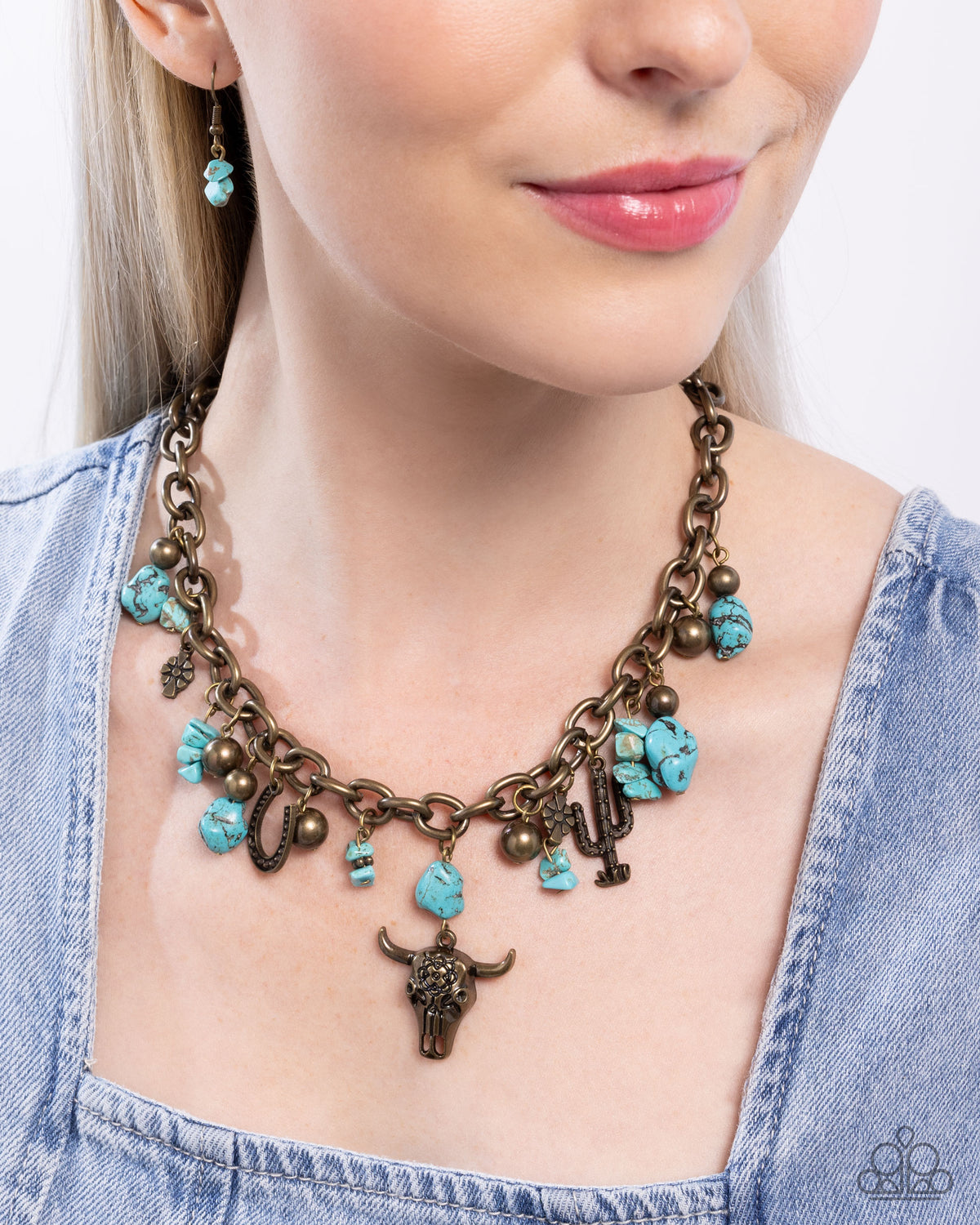 Wild West Whimsy Brass Necklace on model - Paparazzi Accessories- CarasShop.com - $5 Jewelry by Cara Jewels