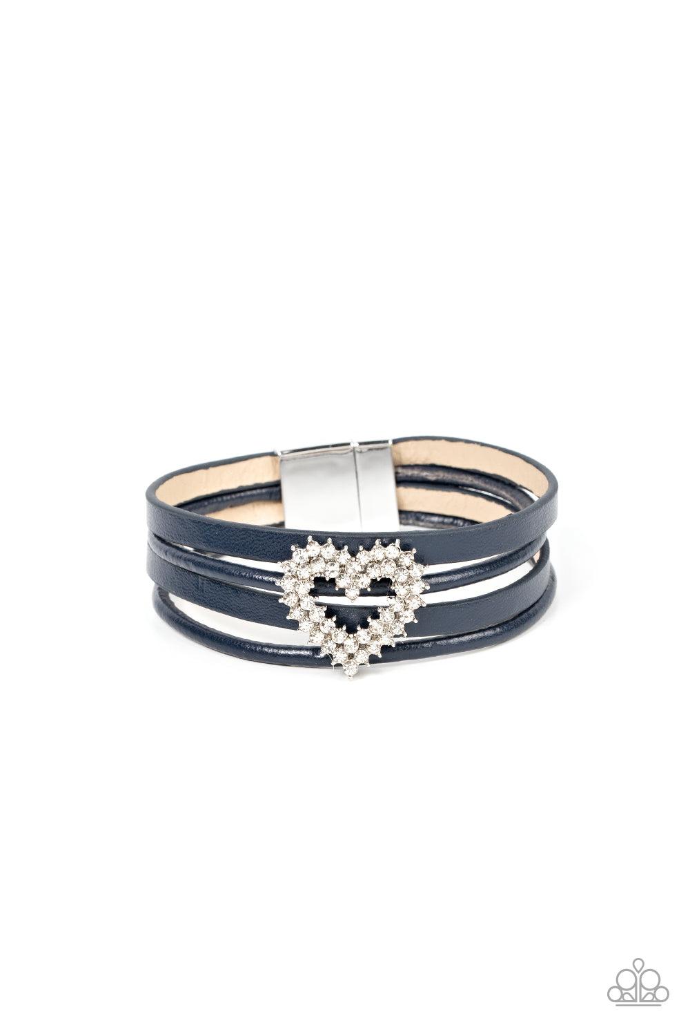 Wildly in Love Blue Rhinestone Heart Leather Bracelet - Paparazzi Accessories- lightbox - CarasShop.com - $5 Jewelry by Cara Jewels