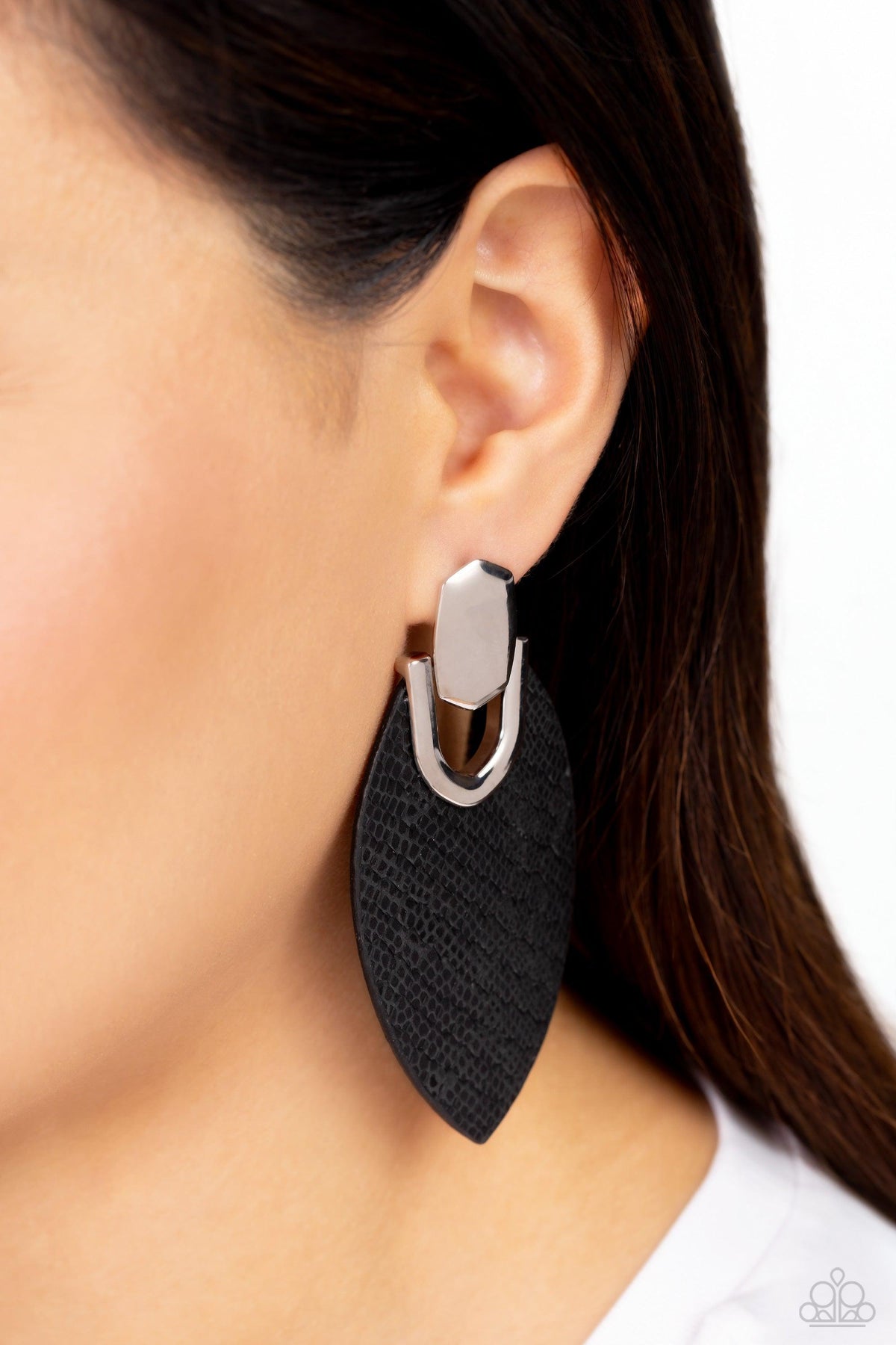 Wildly Workable Black Leather Earrings - Paparazzi Accessories-on model - CarasShop.com - $5 Jewelry by Cara Jewels