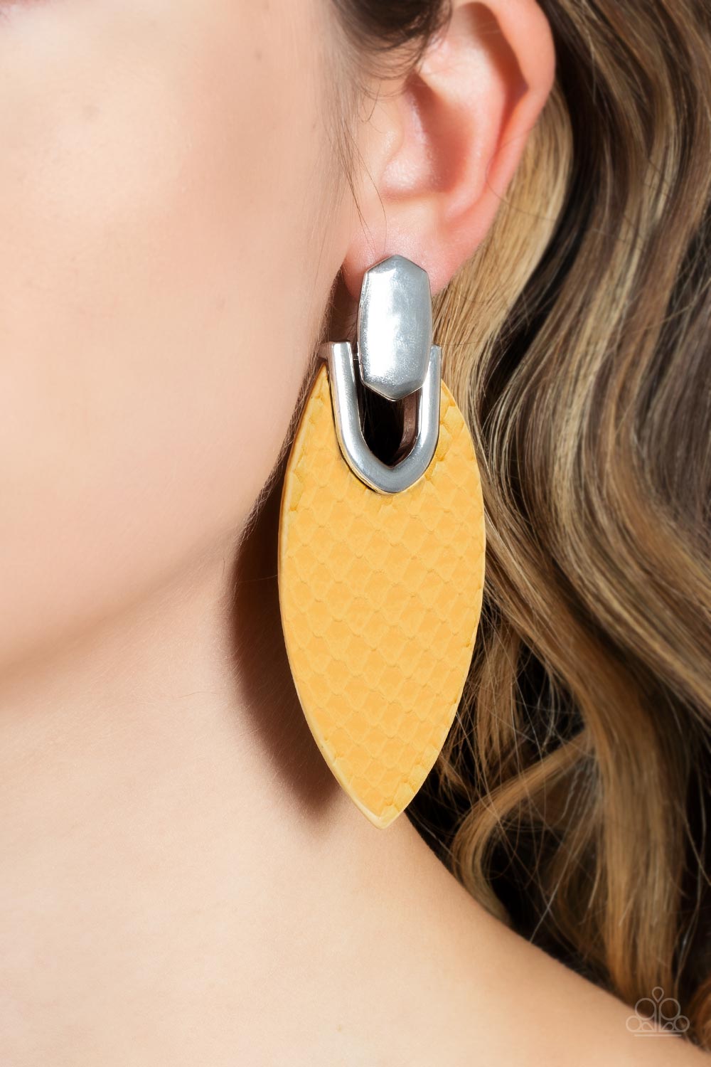 Wildly Workable Yellow Leather Earrings - Paparazzi Accessories-on model - CarasShop.com - $5 Jewelry by Cara Jewels