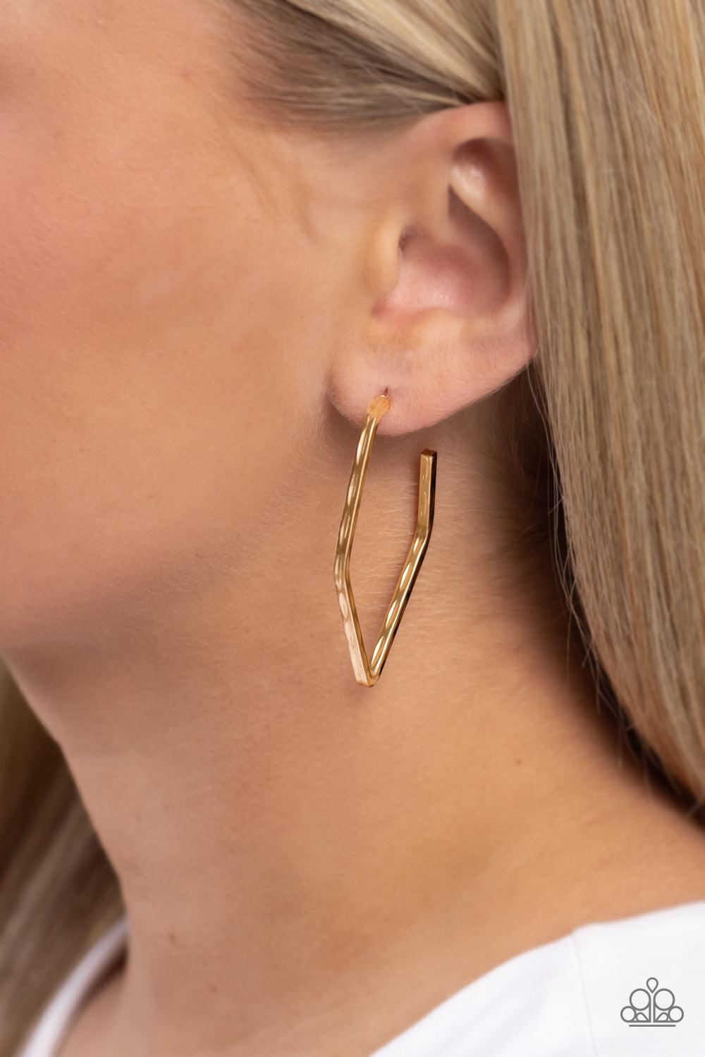 Winning Edge Gold Hoop Earrings - Paparazzi Accessories-on model - CarasShop.com - $5 Jewelry by Cara Jewels