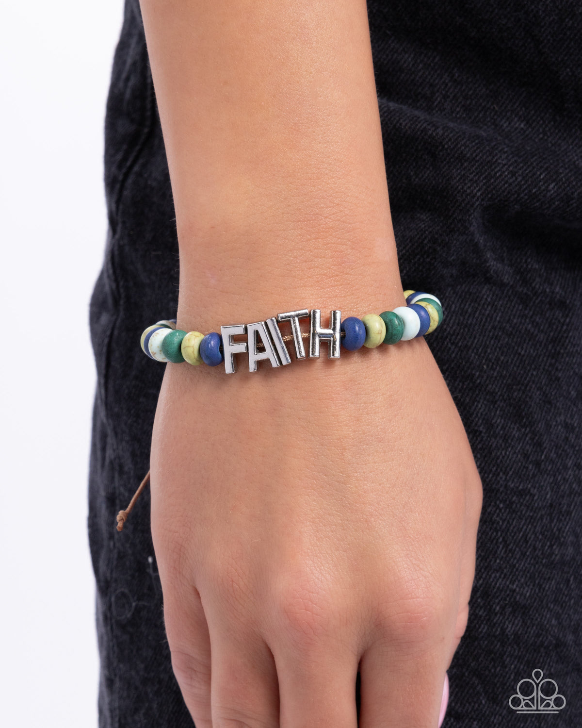 Word of Faith Green &amp; Multi Stone Inspirational Urban Bracelet - Paparazzi Accessories-on model - CarasShop.com - $5 Jewelry by Cara Jewels