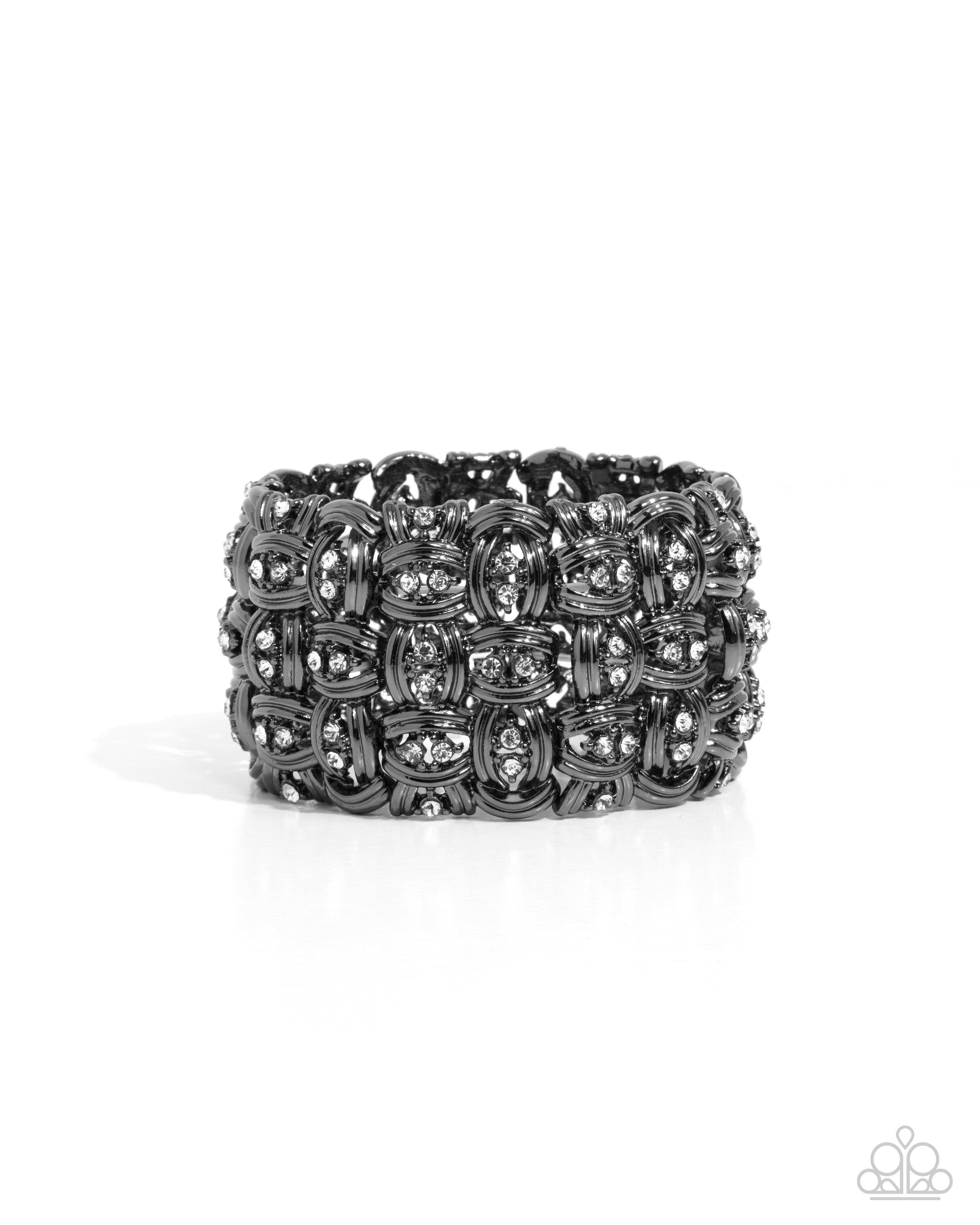 Woven Wardrobe Gunmetal Black & White Rhinestone Bracelet - Paparazzi Accessories- lightbox - CarasShop.com - $5 Jewelry by Cara Jewels