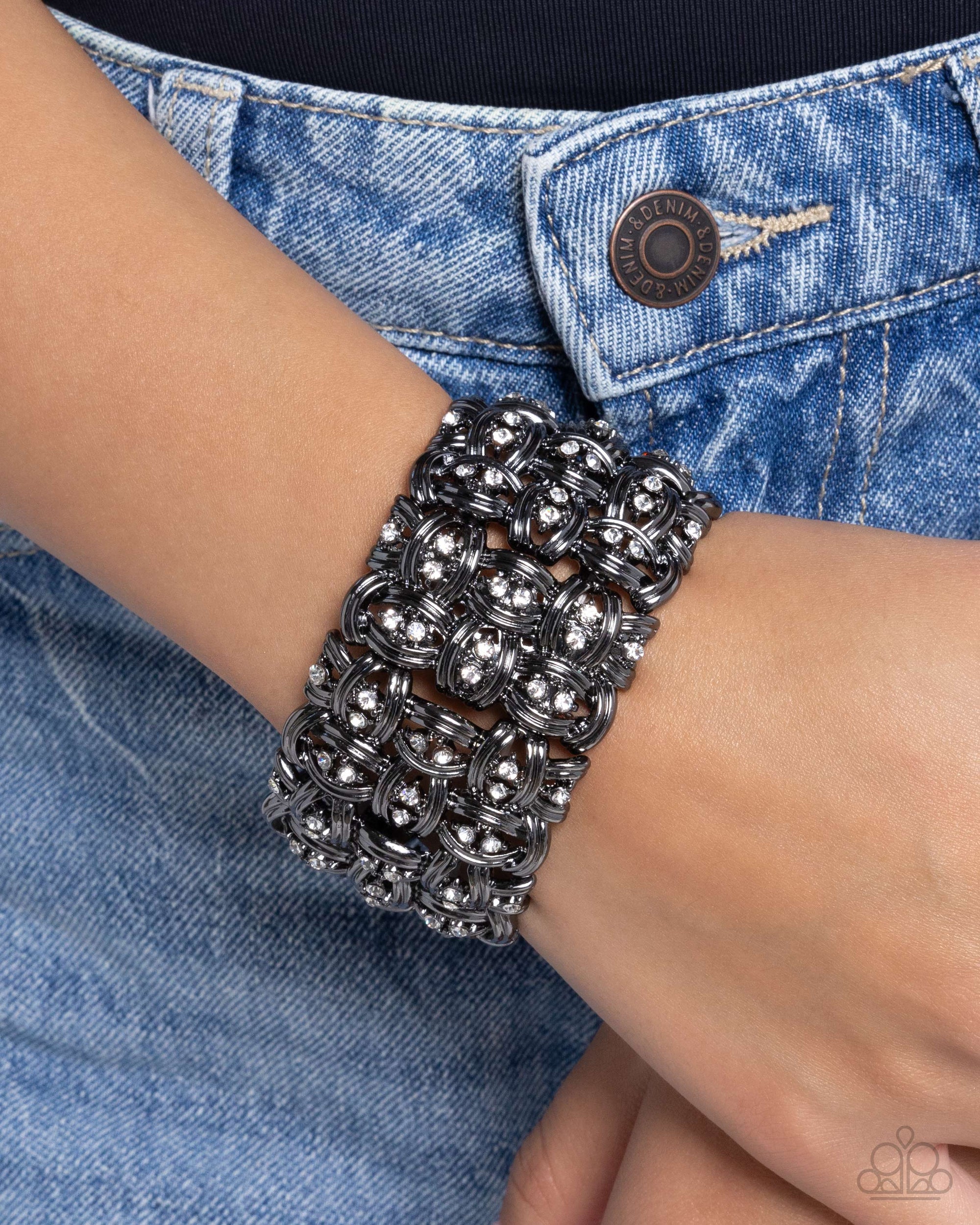 Woven Wardrobe Gunmetal Black & White Rhinestone Bracelet - Paparazzi Accessories- lightbox - CarasShop.com - $5 Jewelry by Cara Jewels