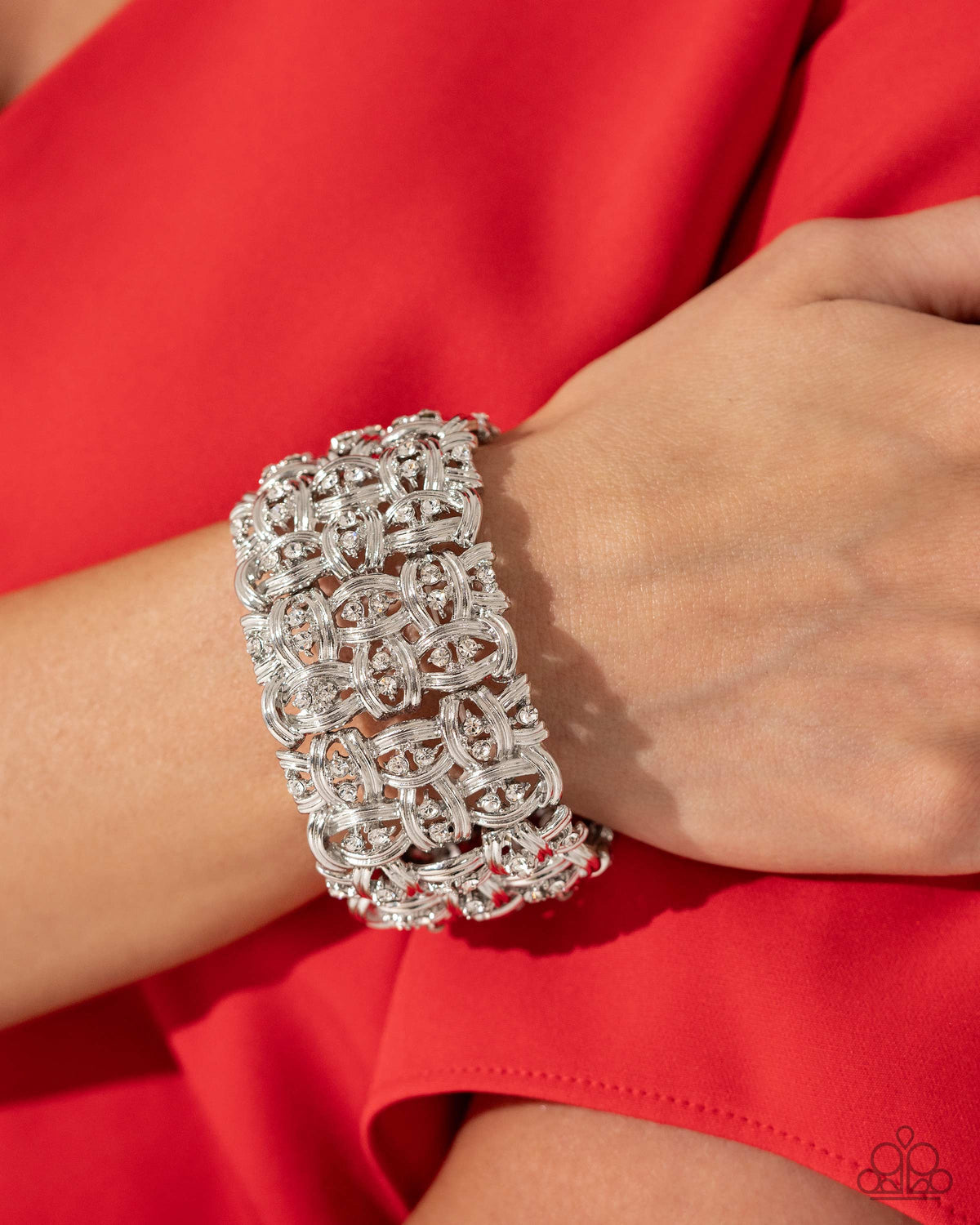 Woven Wardrobe White &amp; Silver Bracelet - Paparazzi Accessories-on model - CarasShop.com - $5 Jewelry by Cara Jewels