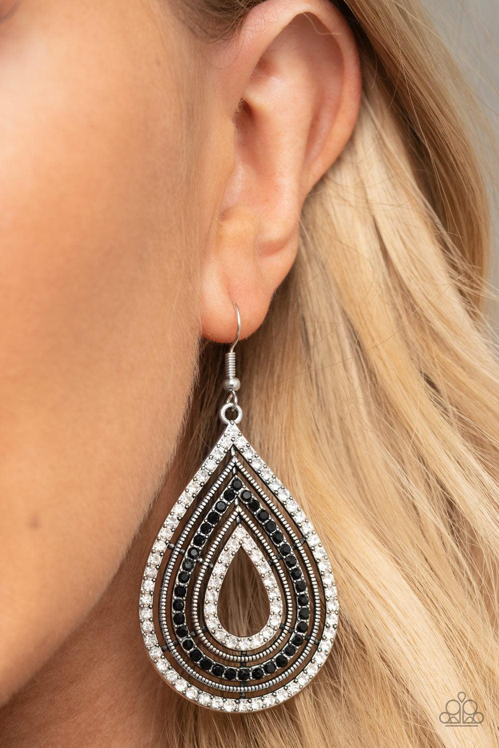 5th Avenue Attraction Black &amp; White Rhinestone Earrings - Paparazzi Accessories-on model - CarasShop.com - $5 Jewelry by Cara Jewels