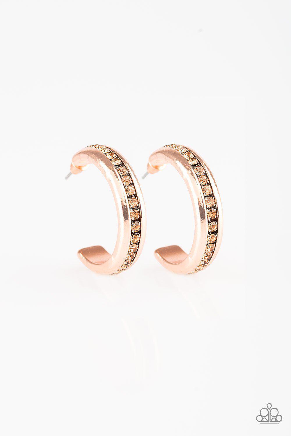 5th Avenue Fashionista Copper Rhinestone Hoop Earrings - Paparazzi Accessories - lightbox -CarasShop.com - $5 Jewelry by Cara Jewels