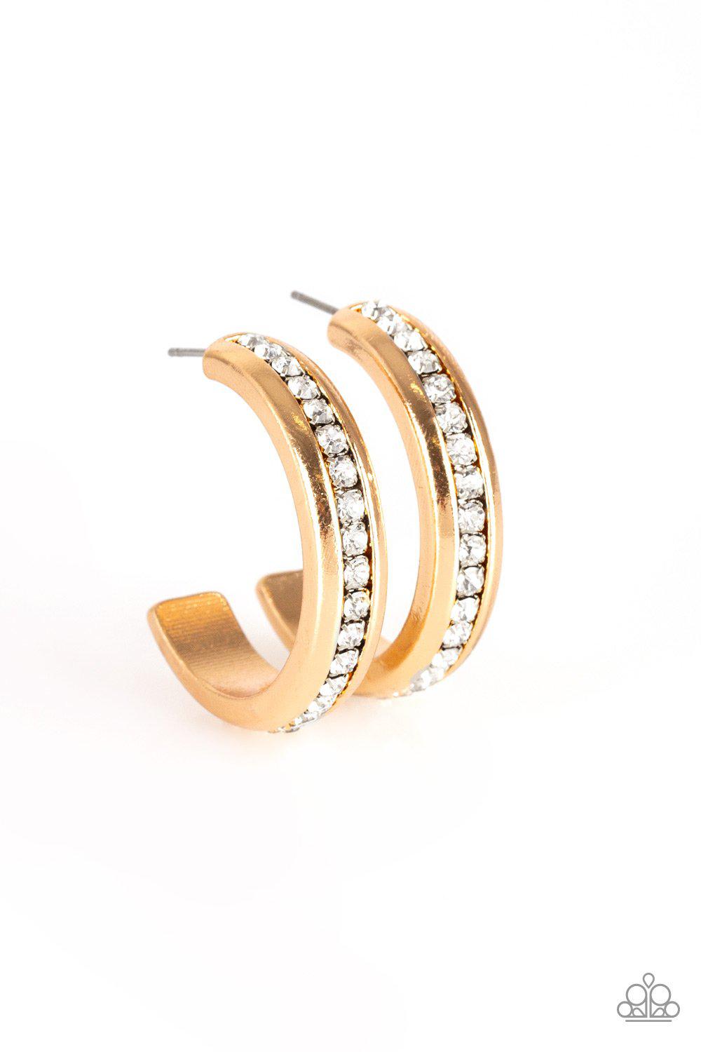 5th Avenue Fashionista Gold and White Hoop Earrings - Paparazzi Accessories-CarasShop.com - $5 Jewelry by Cara Jewels